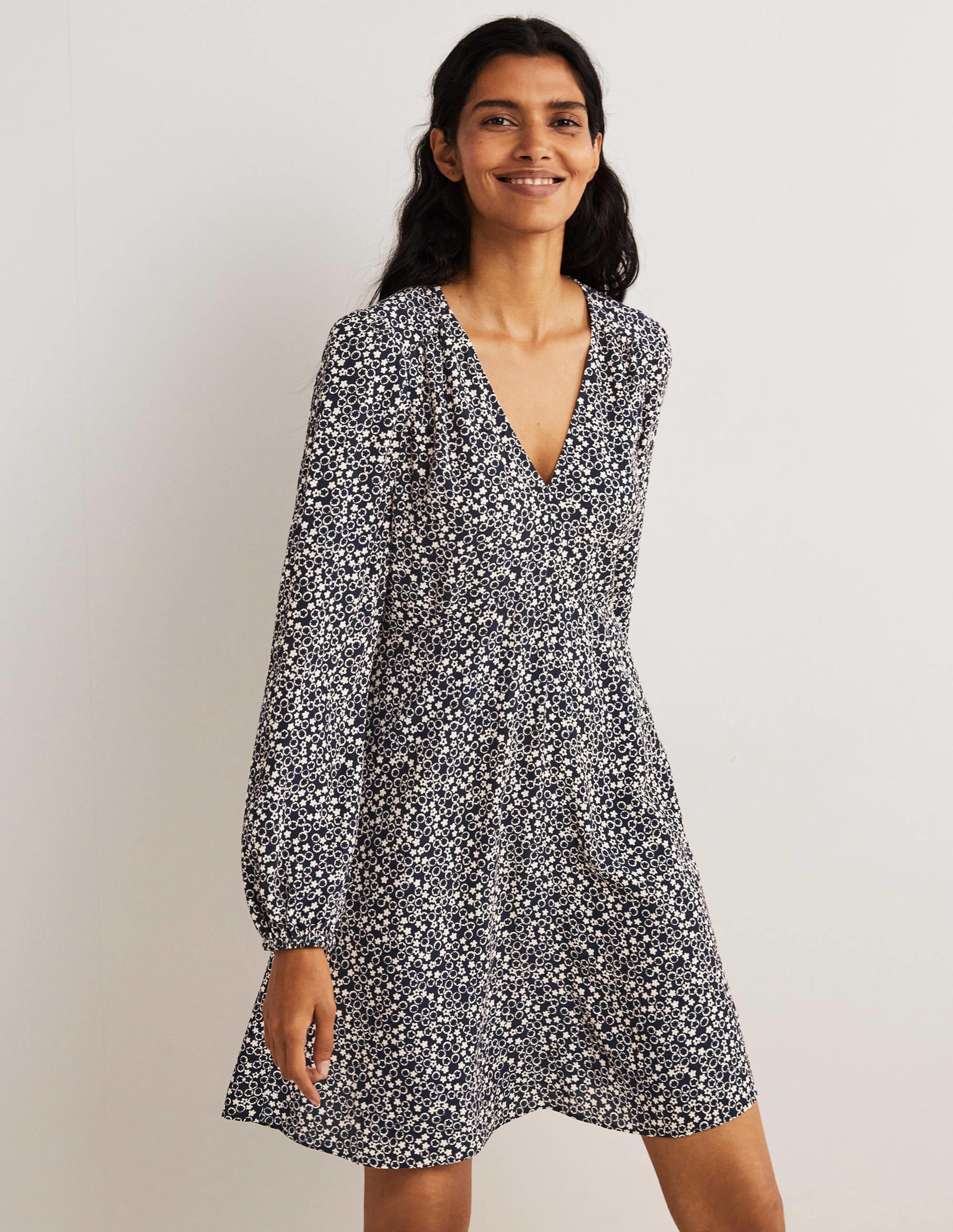 V-Neck Tea Dress-French Navy, Floral Pebble - Image 1