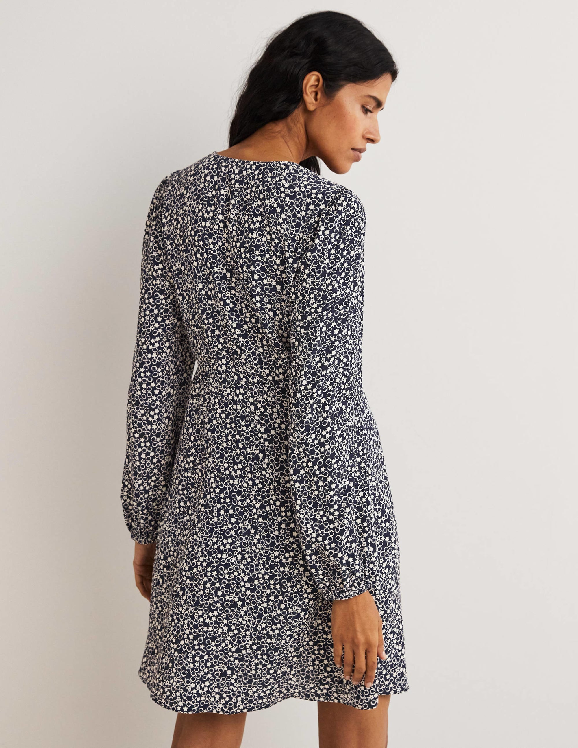 V-Neck Tea Dress-French Navy, Floral Pebble - Image 3