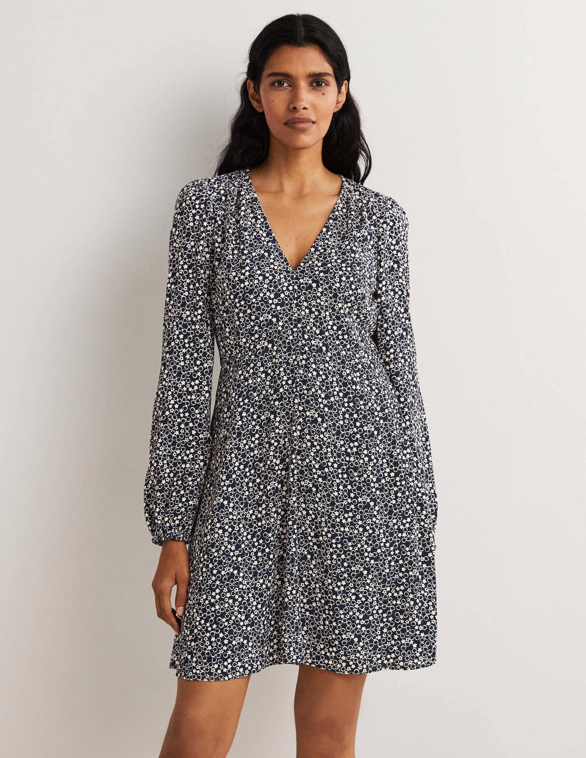 V-Neck Tea Dress-French Navy, Floral Pebble-4