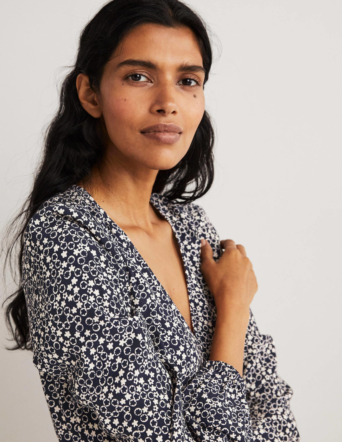 V-Neck Tea Dress-French Navy, Floral Pebble - Image 5