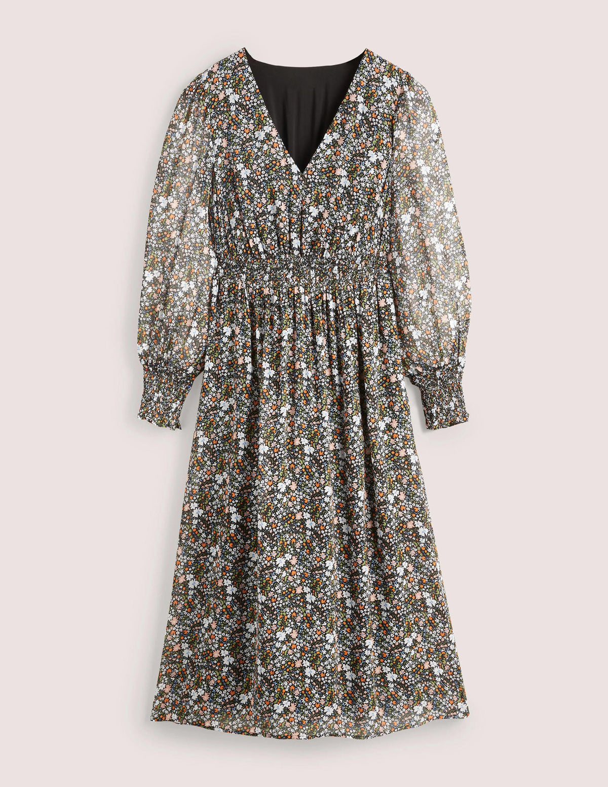 Smocked Waist Midi Dress-Black, Abstract Ditsy-6