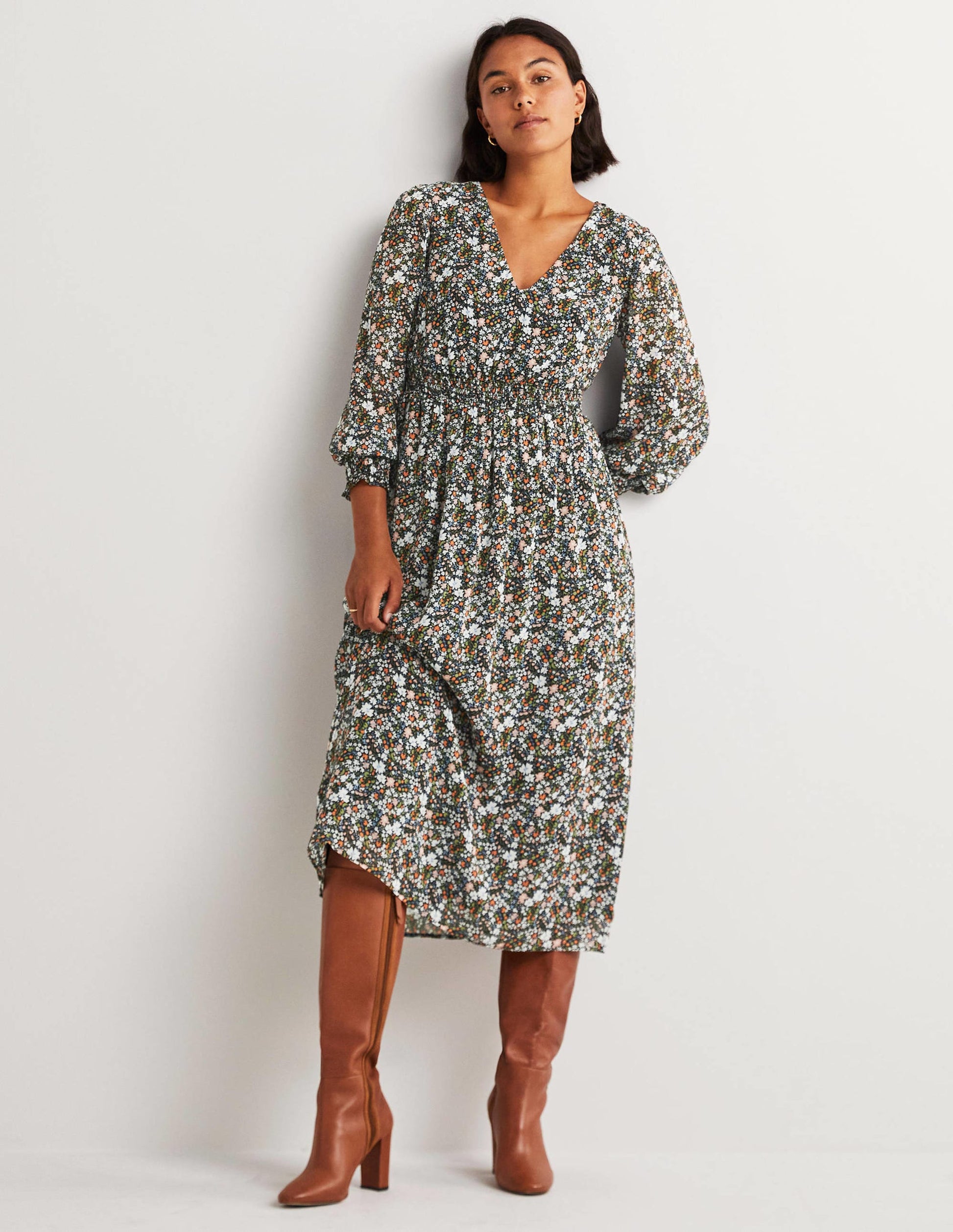 Smocked Waist Midi Dress-Black, Abstract Ditsy-1