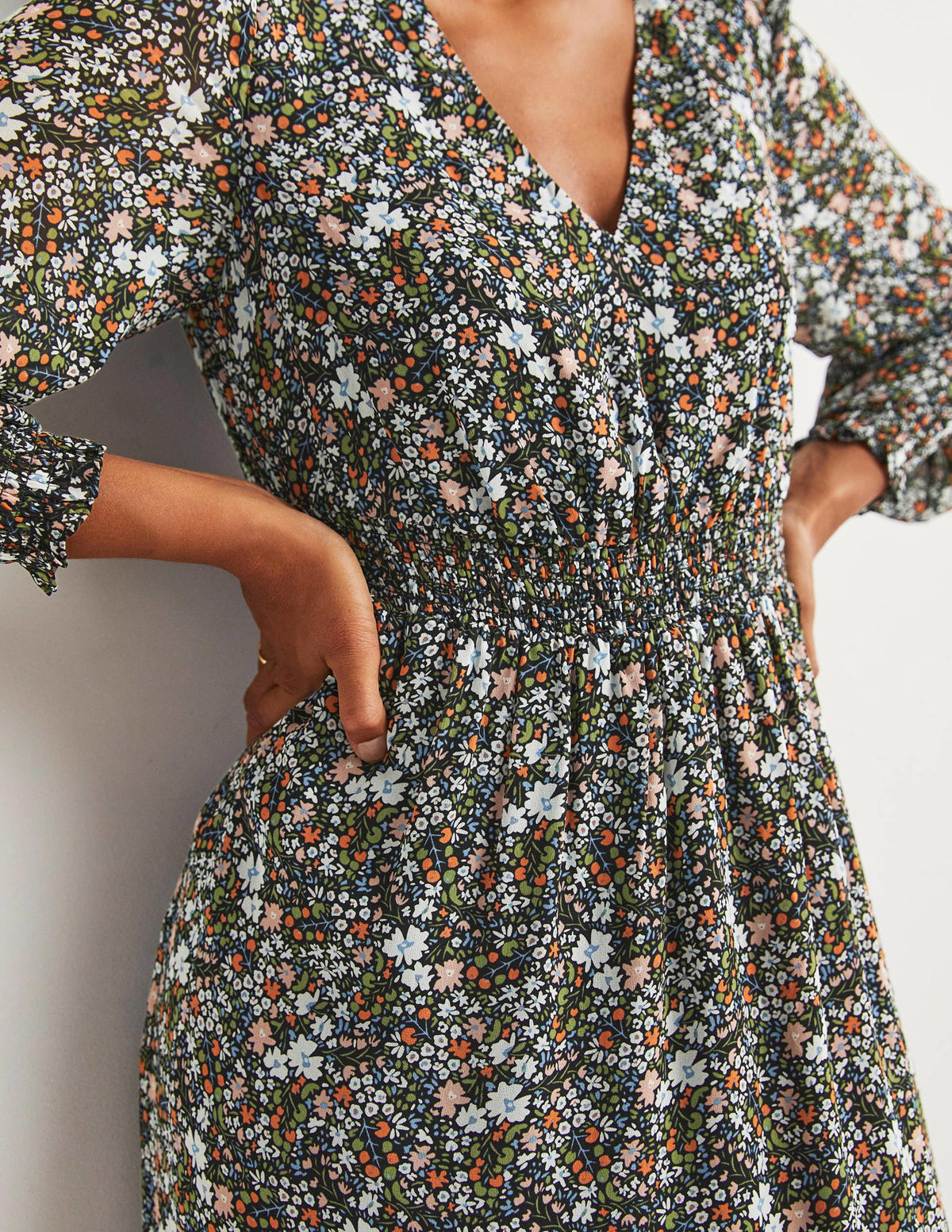 Smocked Waist Midi Dress-Black, Abstract Ditsy - Image 2