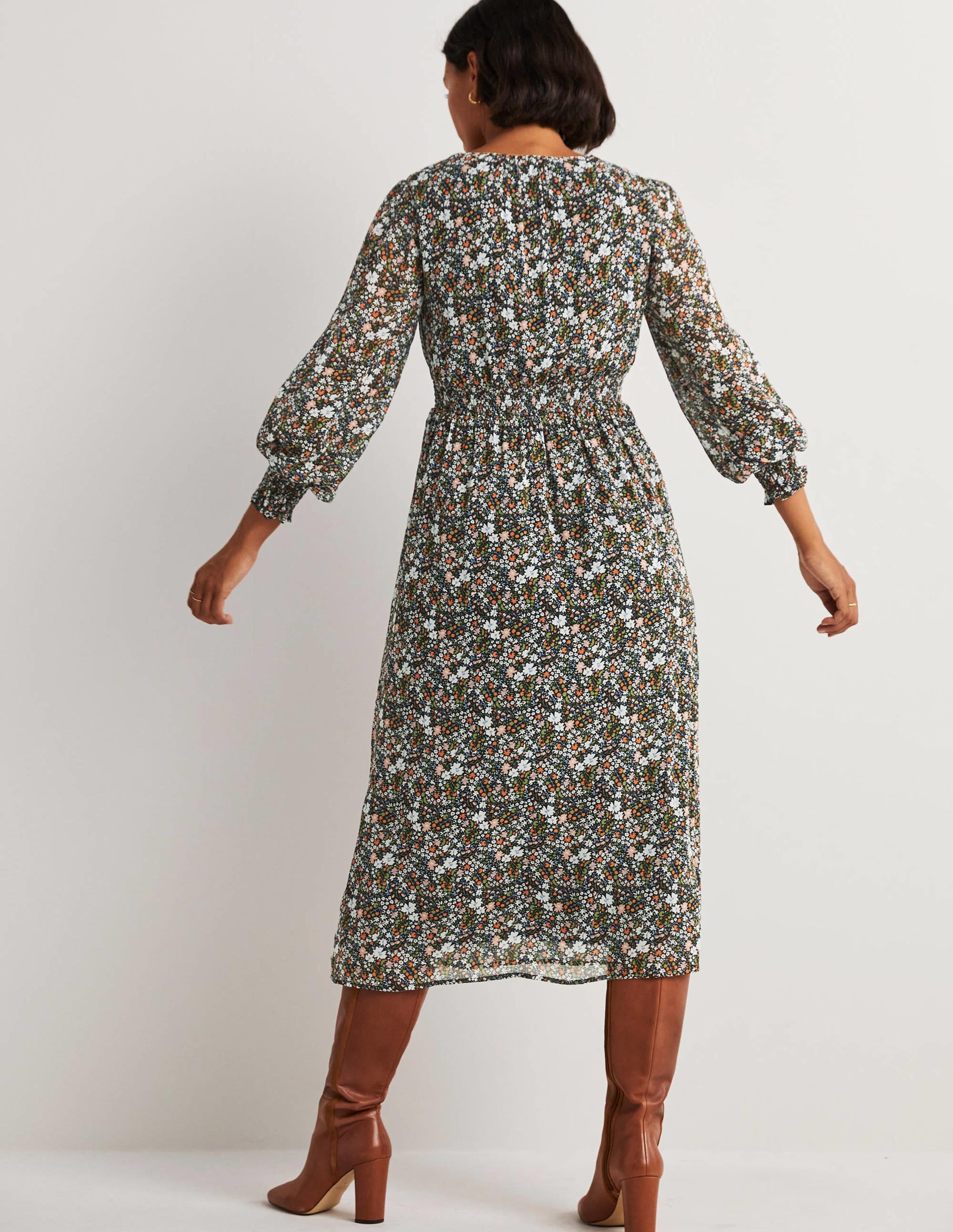 Smocked Waist Midi Dress-Black, Abstract Ditsy - Image 3