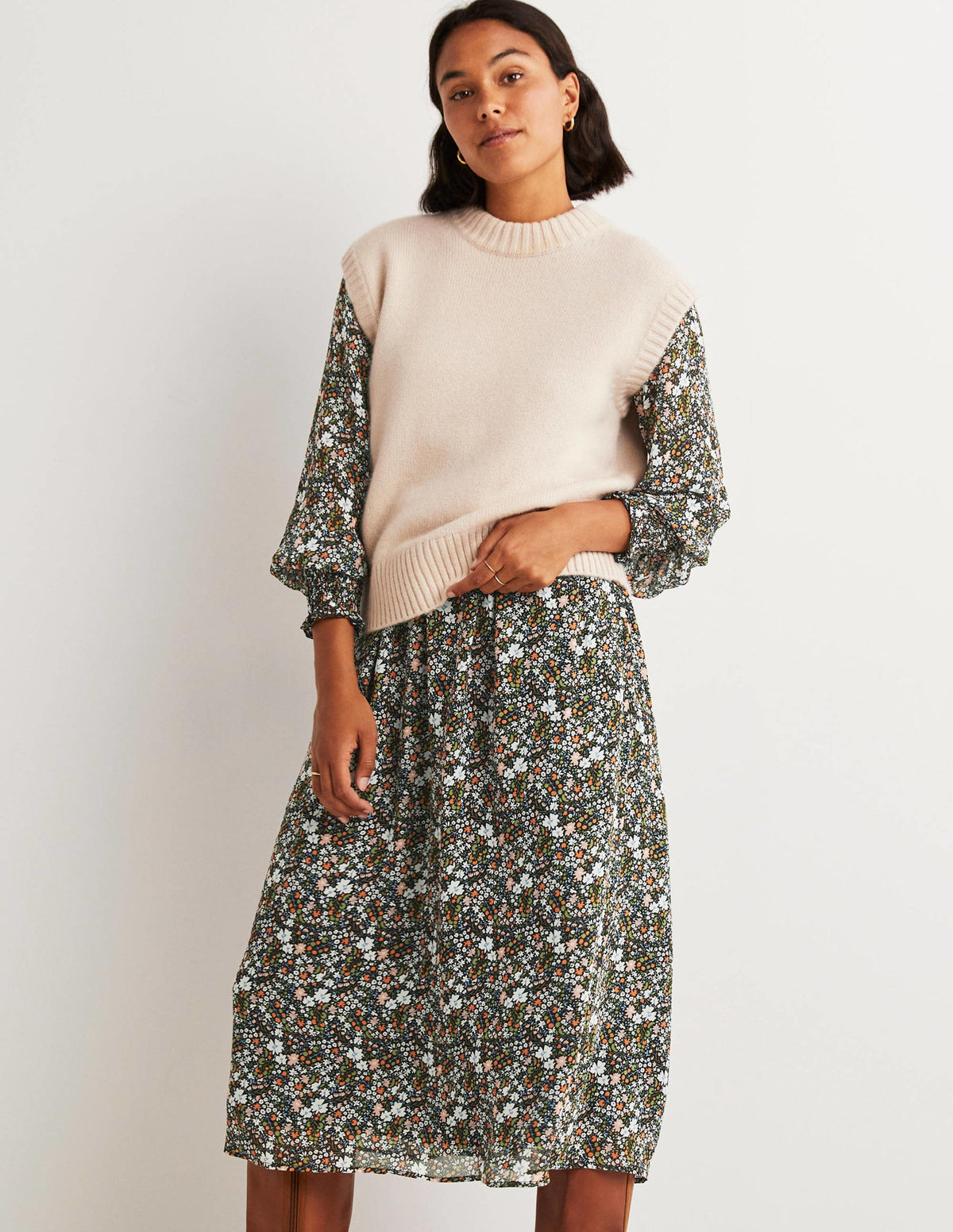 Smocked Waist Midi Dress-Black, Abstract Ditsy-4