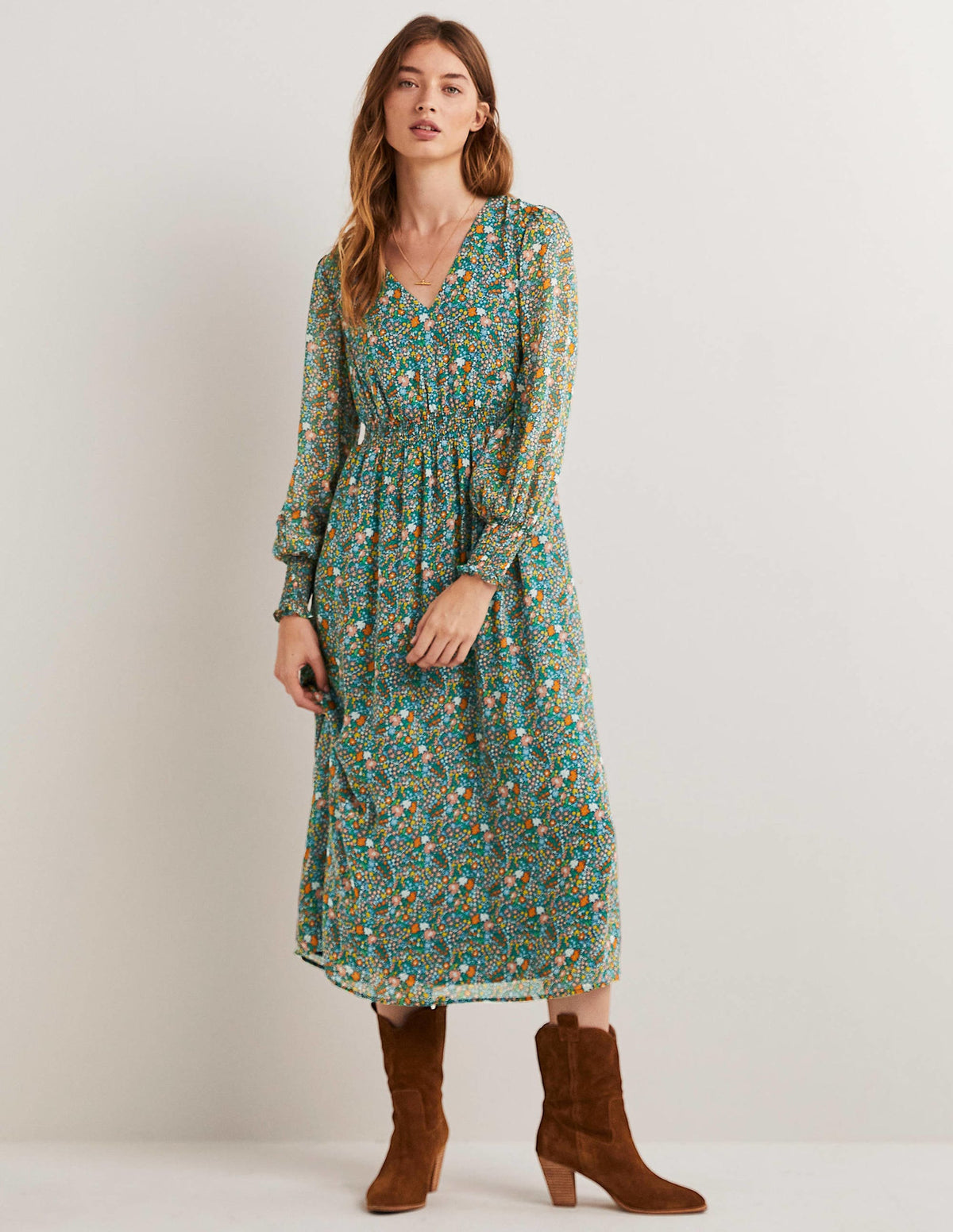 Smocked Waist Midi Dress-Multi, Abstract Ditsy - Image 1
