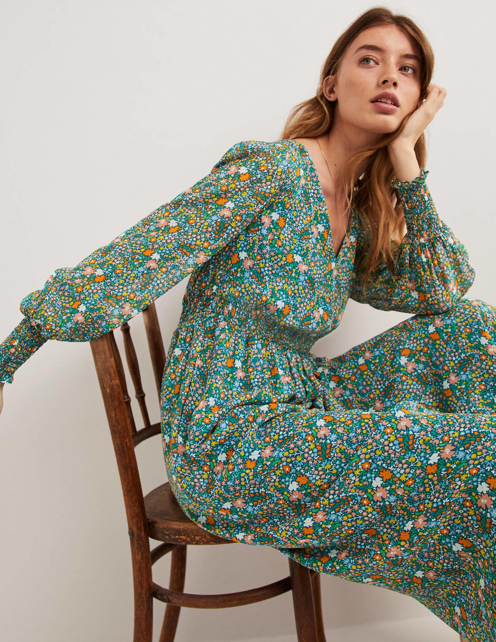 Smocked Waist Midi Dress-Multi, Abstract Ditsy-4