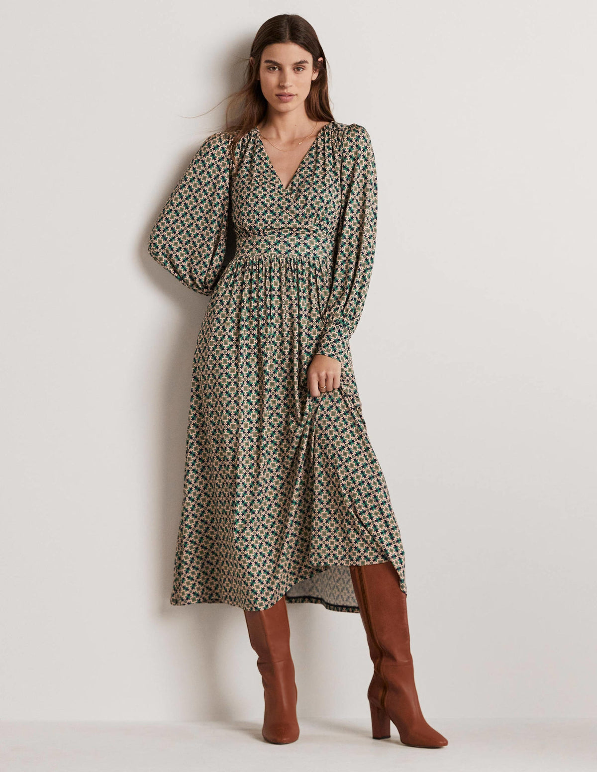 Fixed Wrap Jersey Midi Dress-Shady Glade, Square Geo-5