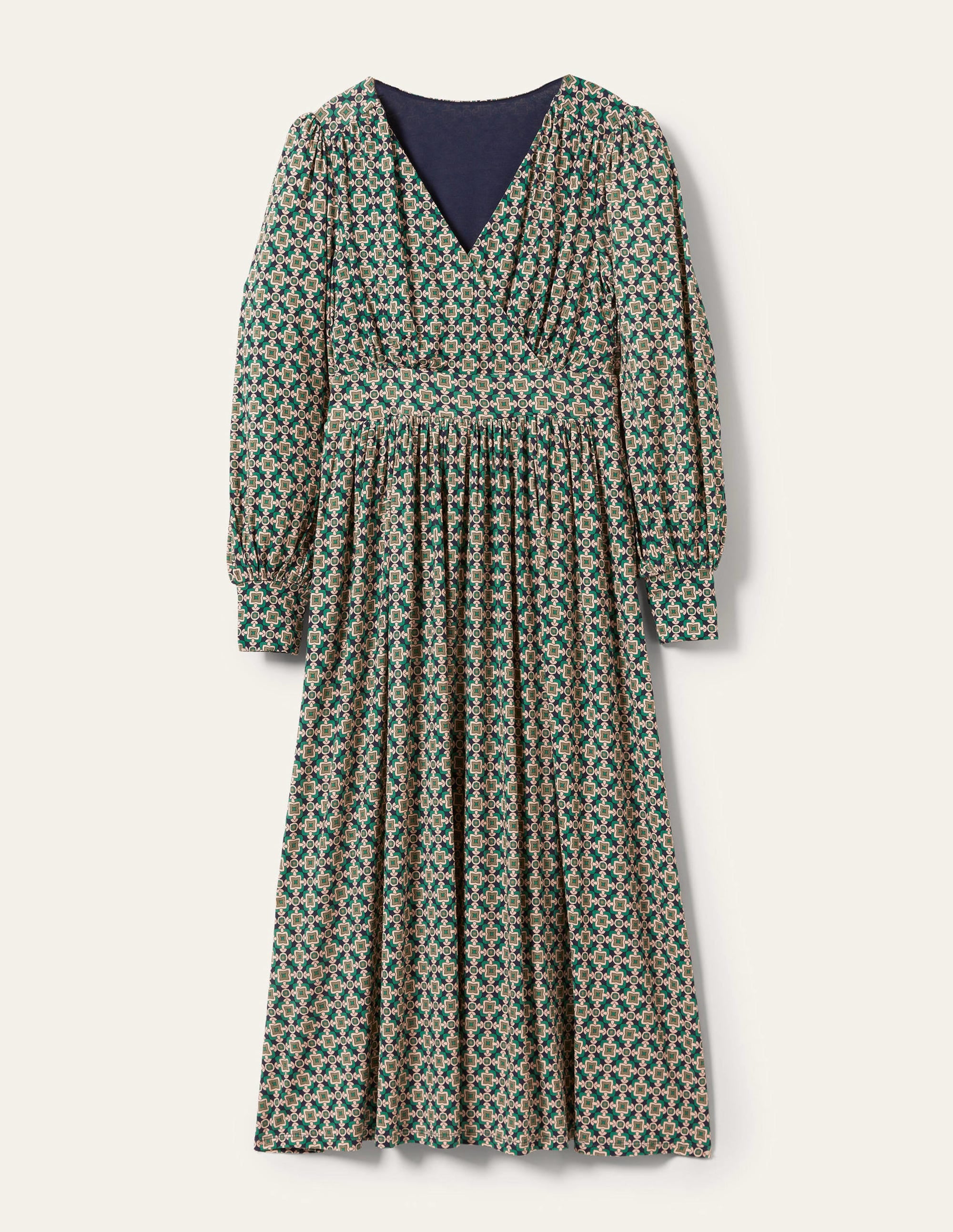 Fixed Wrap Jersey Midi Dress-Shady Glade, Square Geo - Image 10