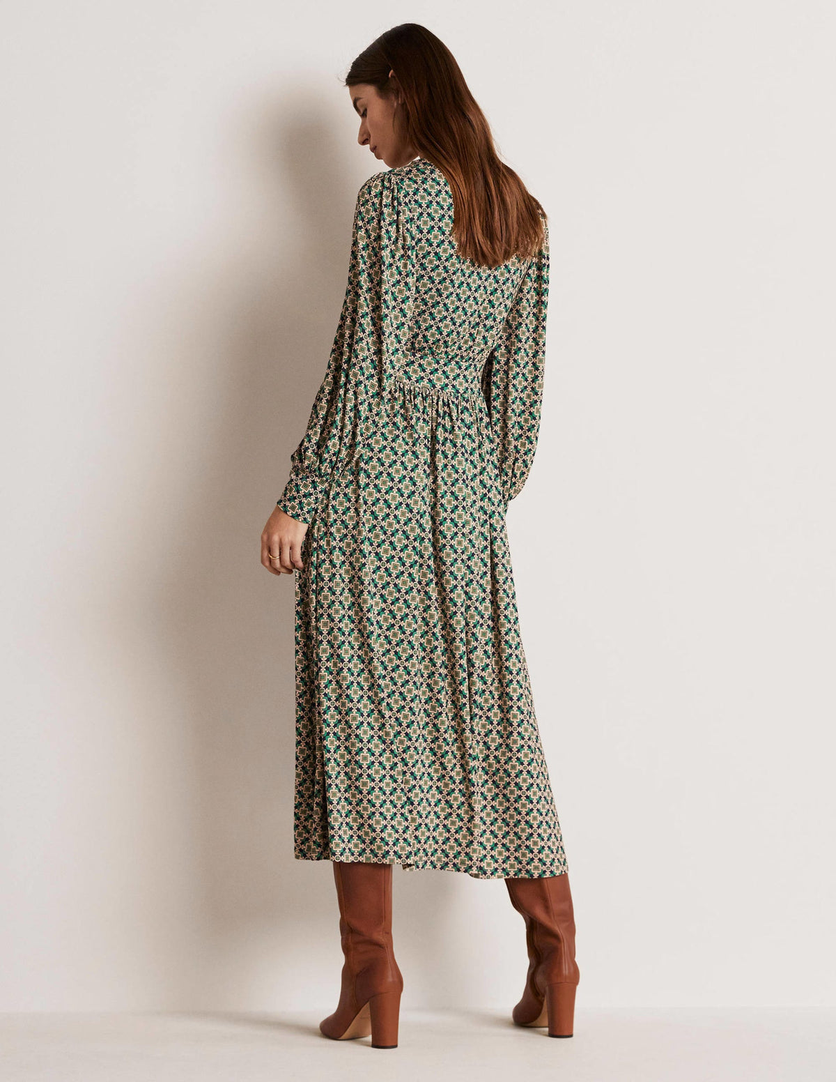 Fixed Wrap Jersey Midi Dress-Shady Glade, Square Geo - Image 3