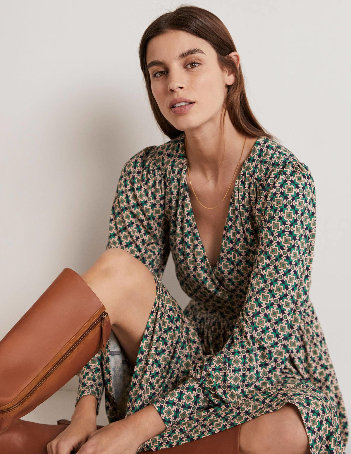 Fixed Wrap Jersey Midi Dress-Shady Glade, Square Geo-4