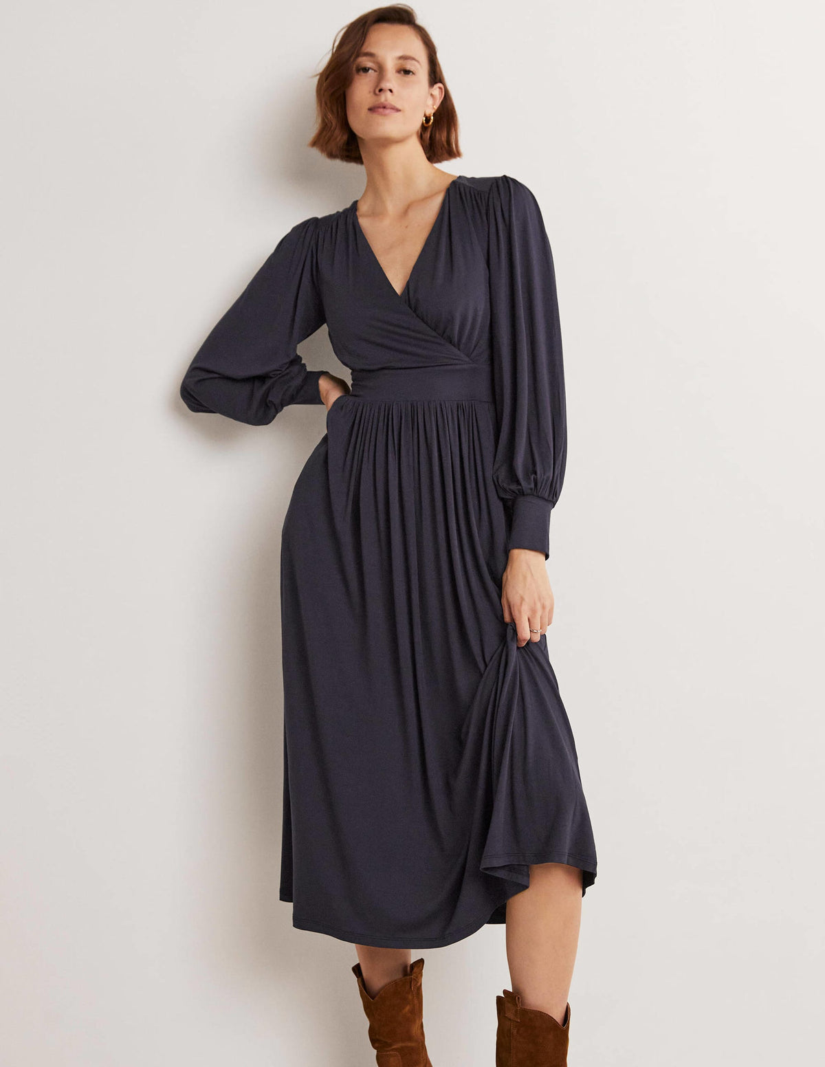 Fixed Wrap Jersey Midi Dress-Navy - Image 6