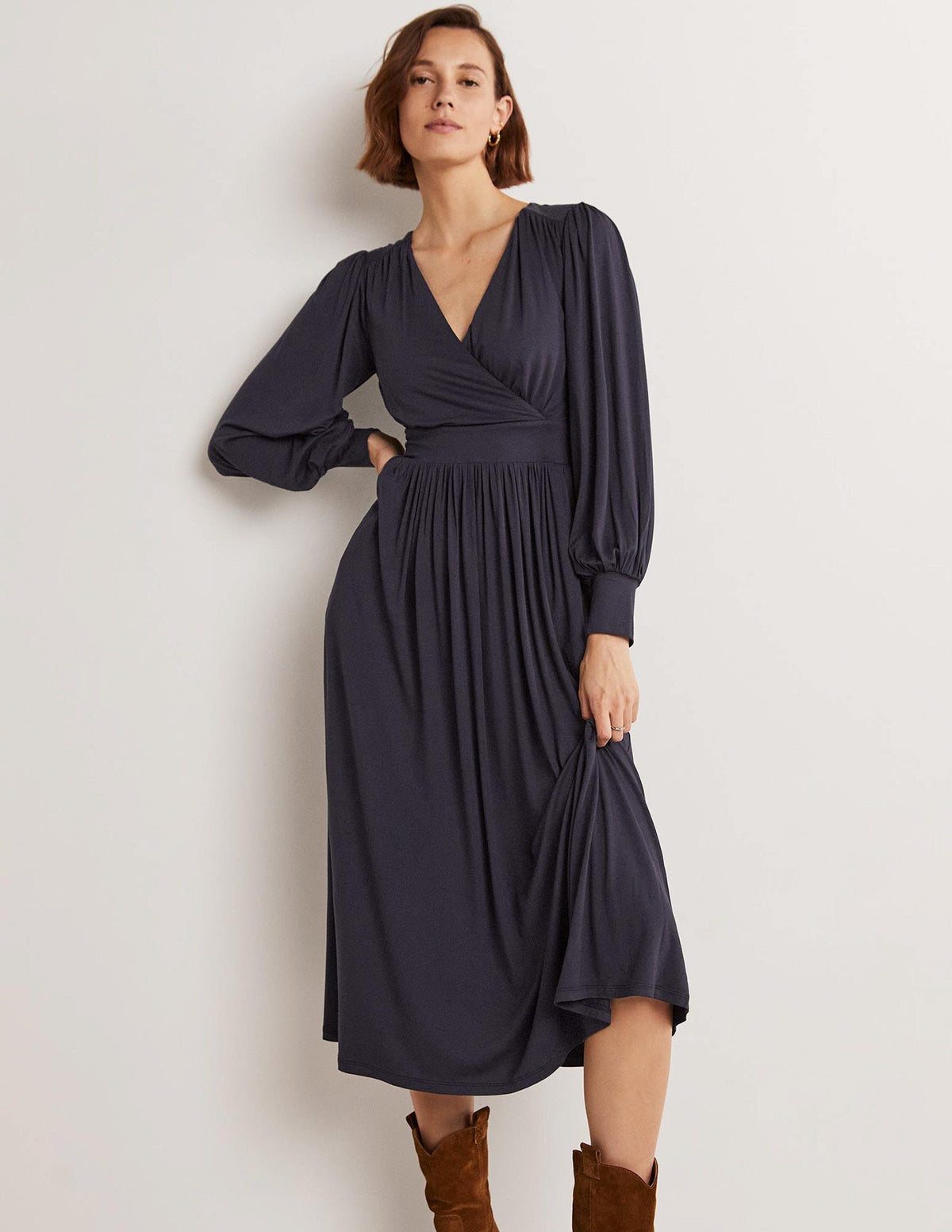 Fixed Wrap Jersey Midi Dress-Navy-1