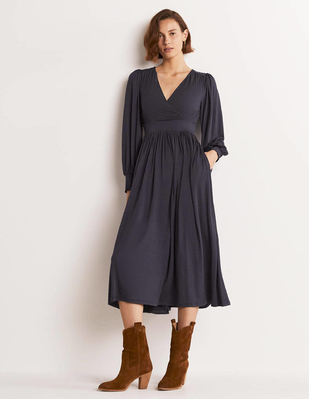 Fixed Wrap Jersey Midi Dress-Navy-4