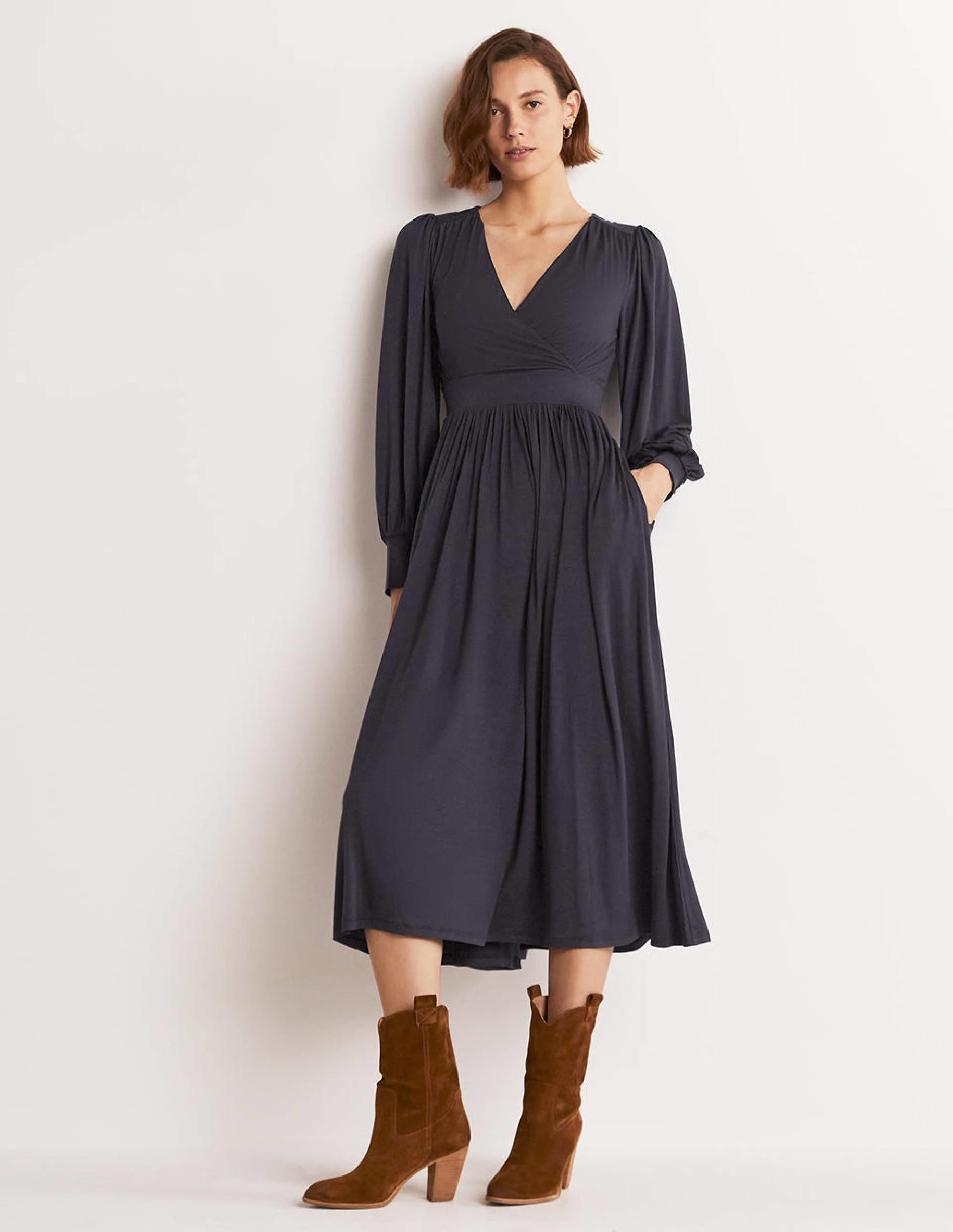 Fixed Wrap Jersey Midi Dress-Navy - Image 4