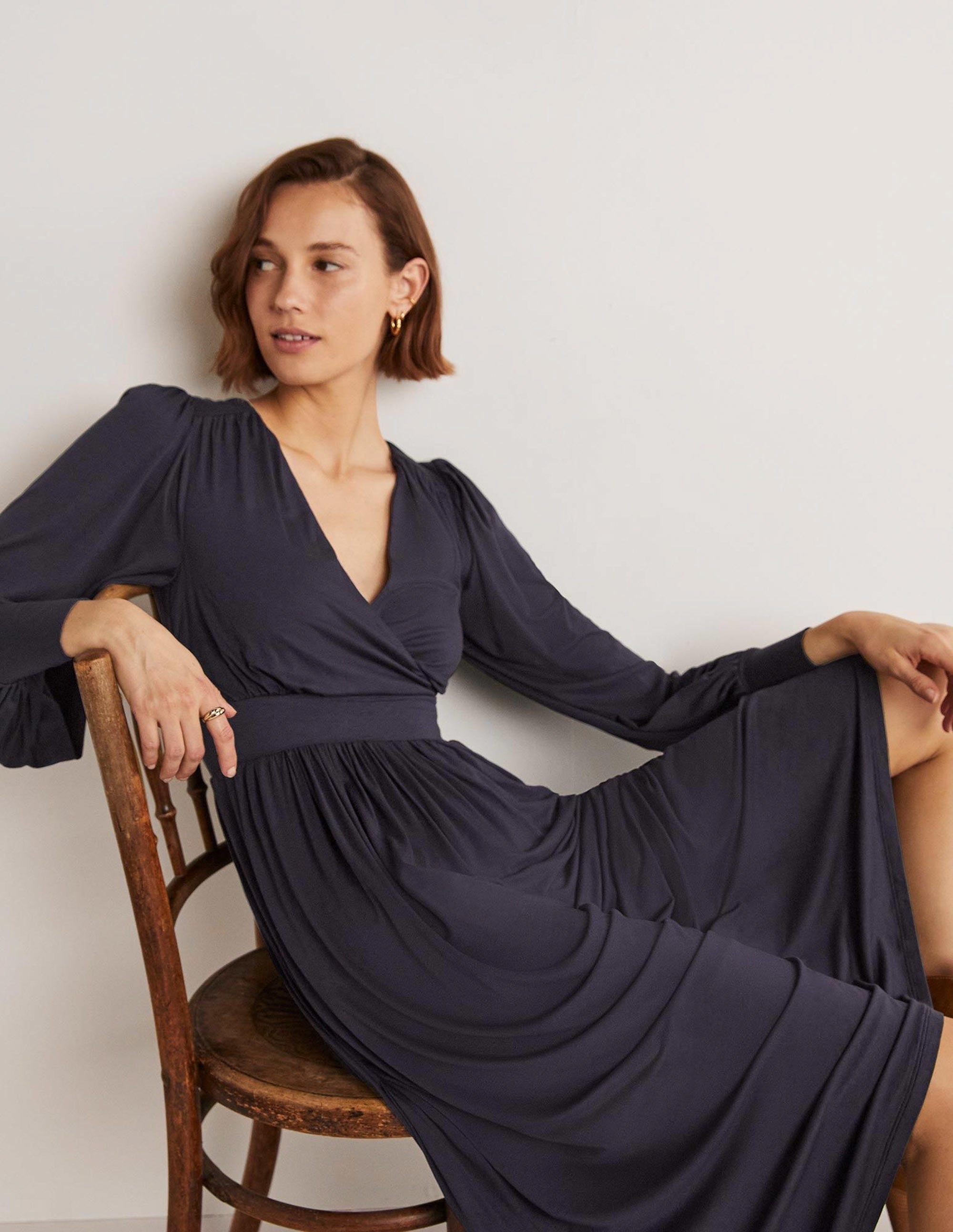 Fixed Wrap Jersey Midi Dress-Navy - Image 5