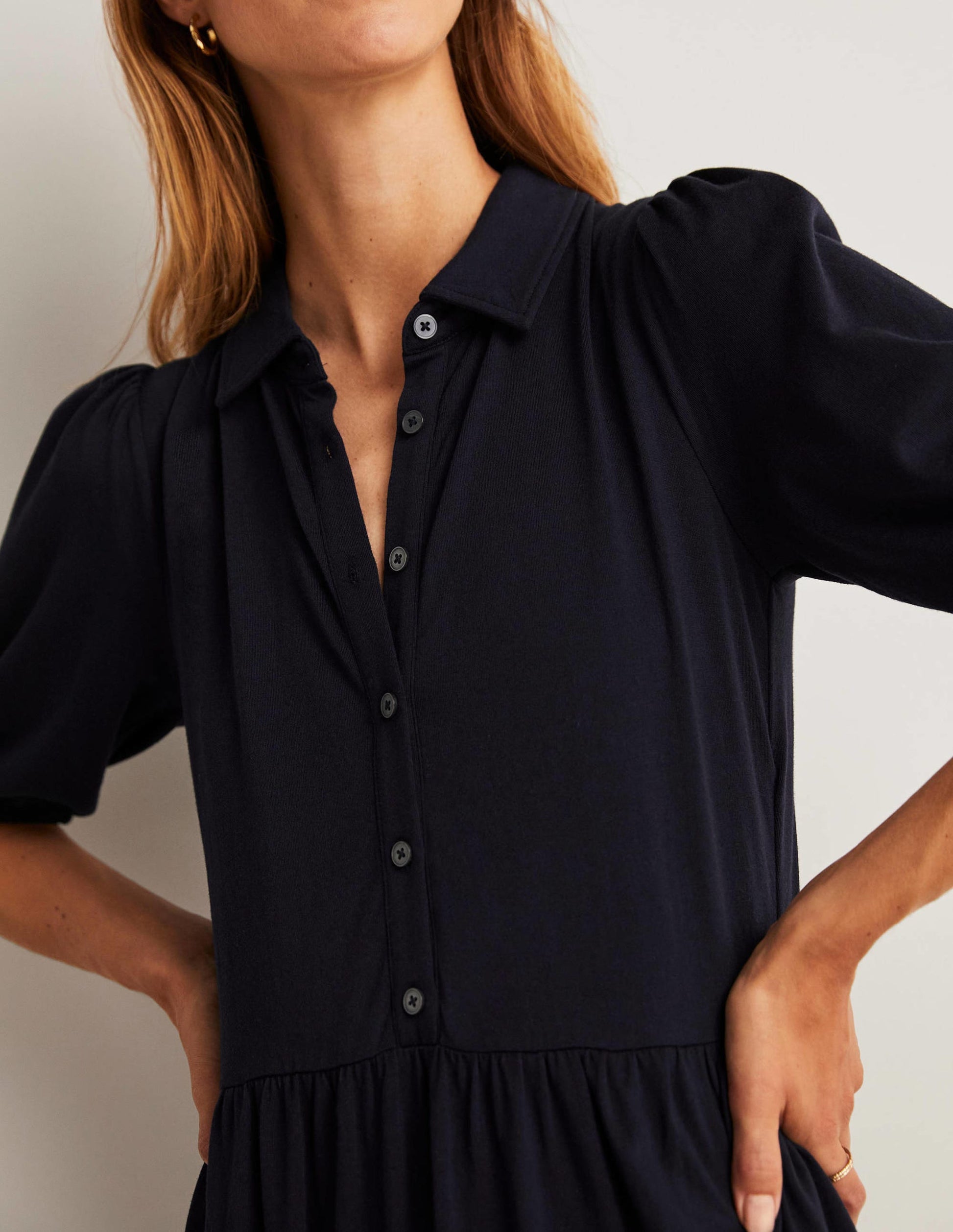 Mini Jersey Shirt Dress-Navy-5