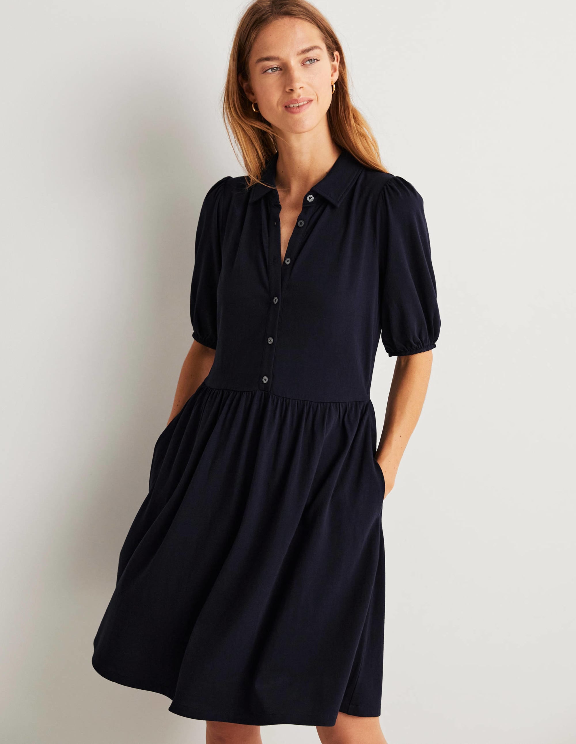 Mini Jersey Shirt Dress-Navy - Image 1