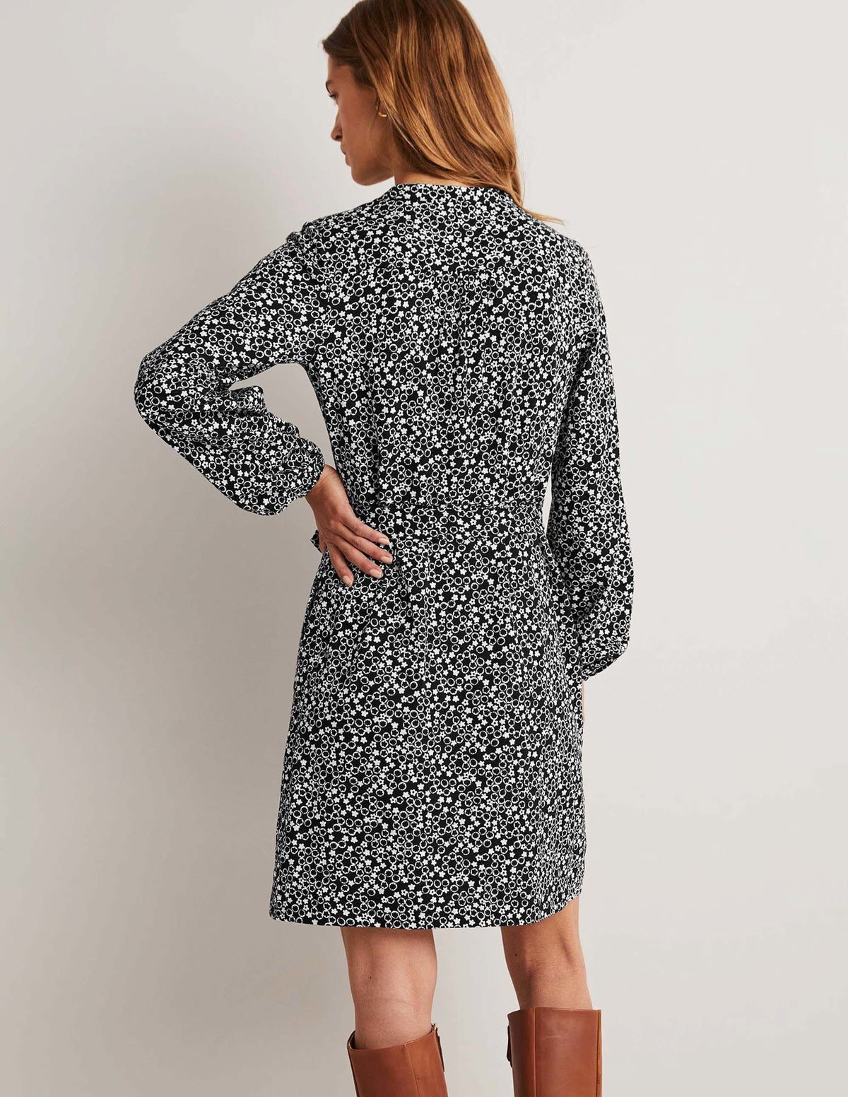 Belted Jersey Shirt Dress-Black, Floral Pebble - Image 8