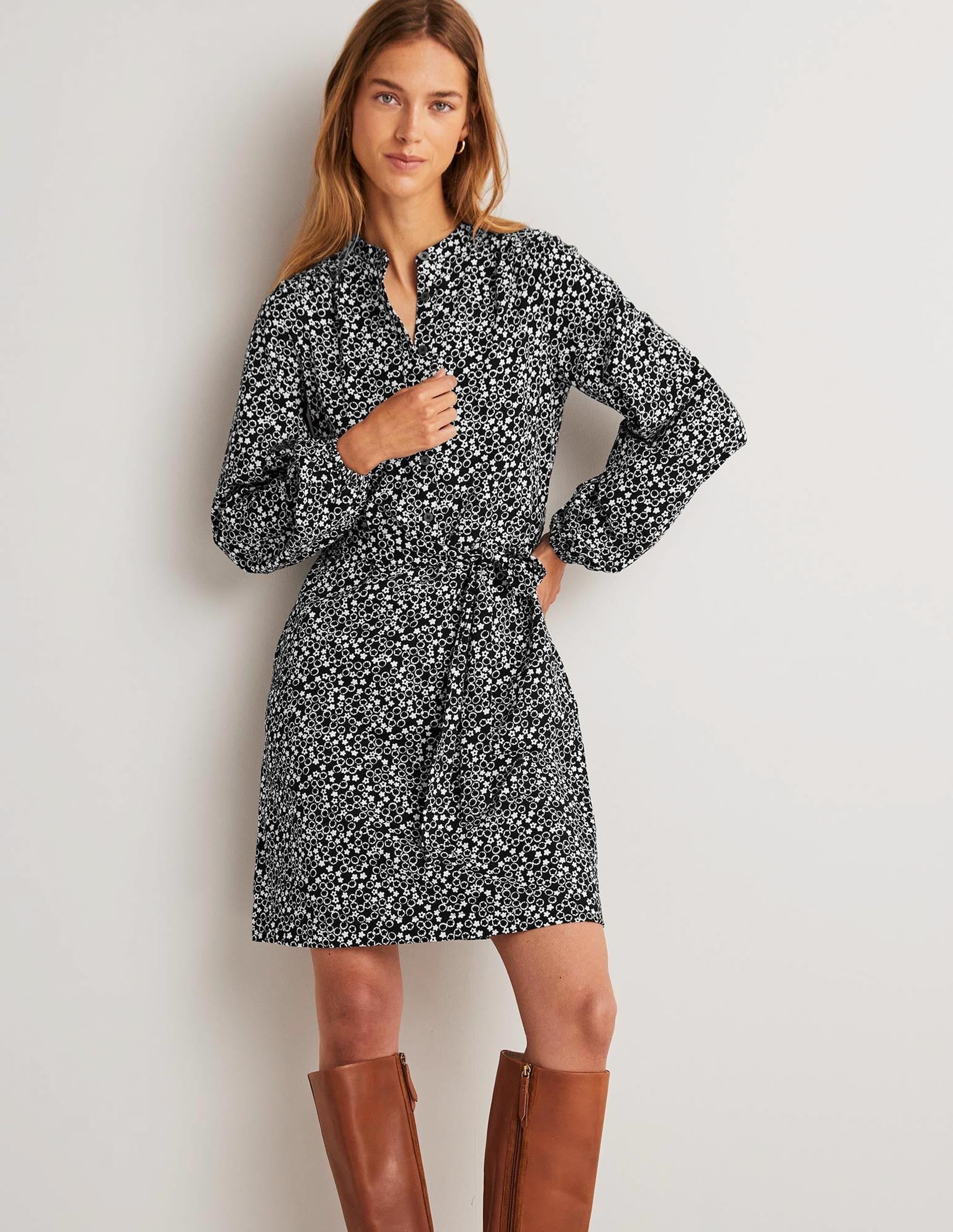 Belted Jersey Shirt Dress-Black, Floral Pebble - Image 1