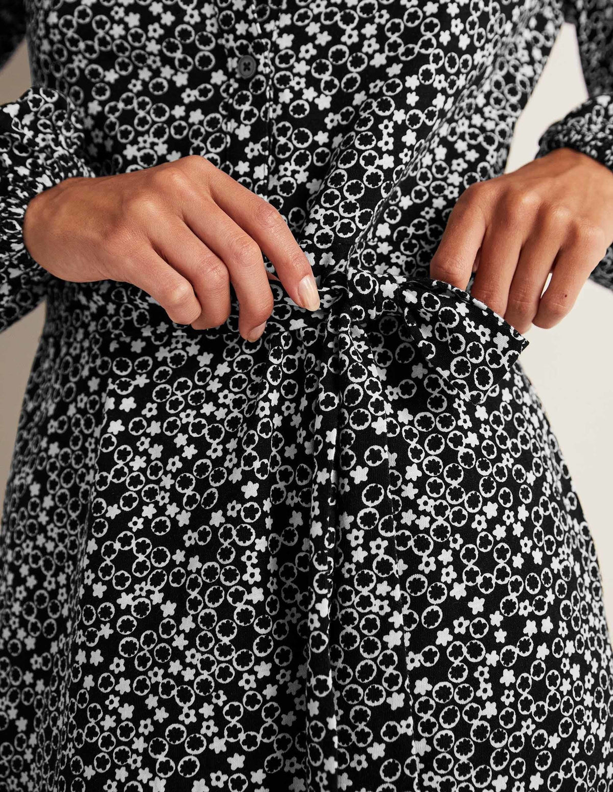 Belted Jersey Shirt Dress-Black, Floral Pebble-2