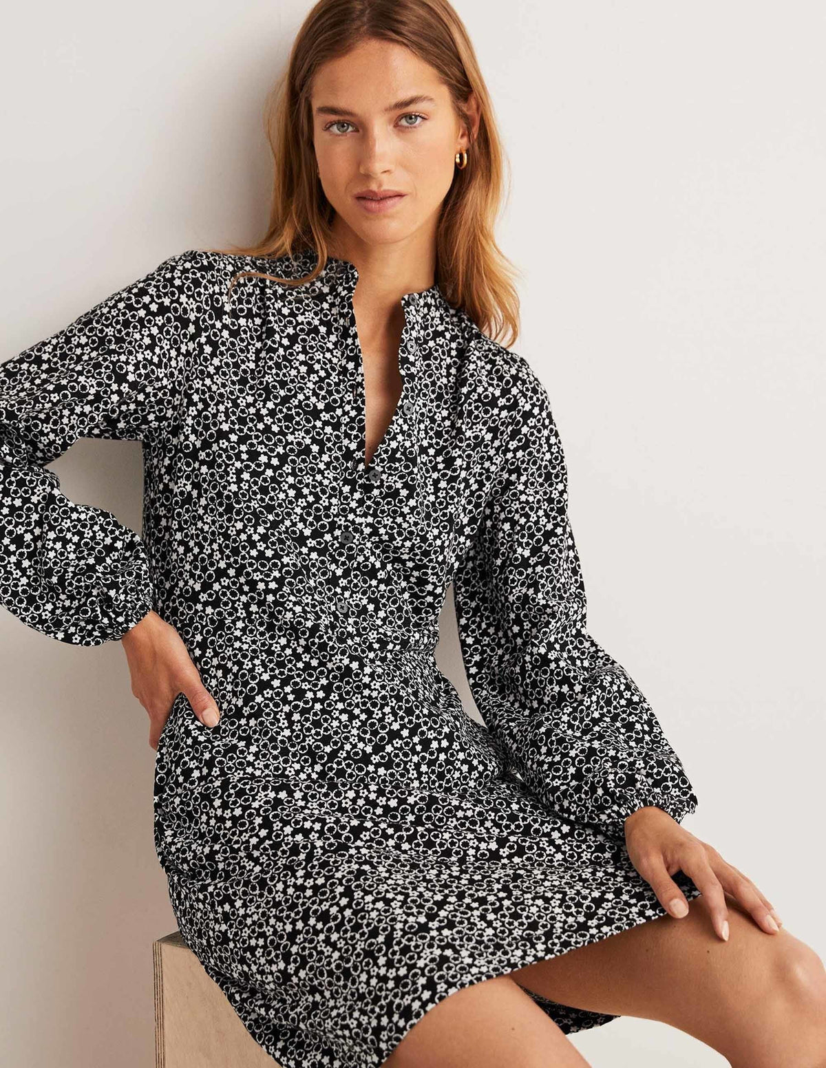 Belted Jersey Shirt Dress-Black, Floral Pebble - Image 4