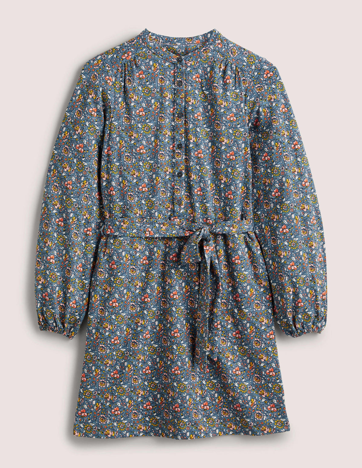 Belted Jersey Shirt Dress-Mid Blue, Botanic Meadow-5