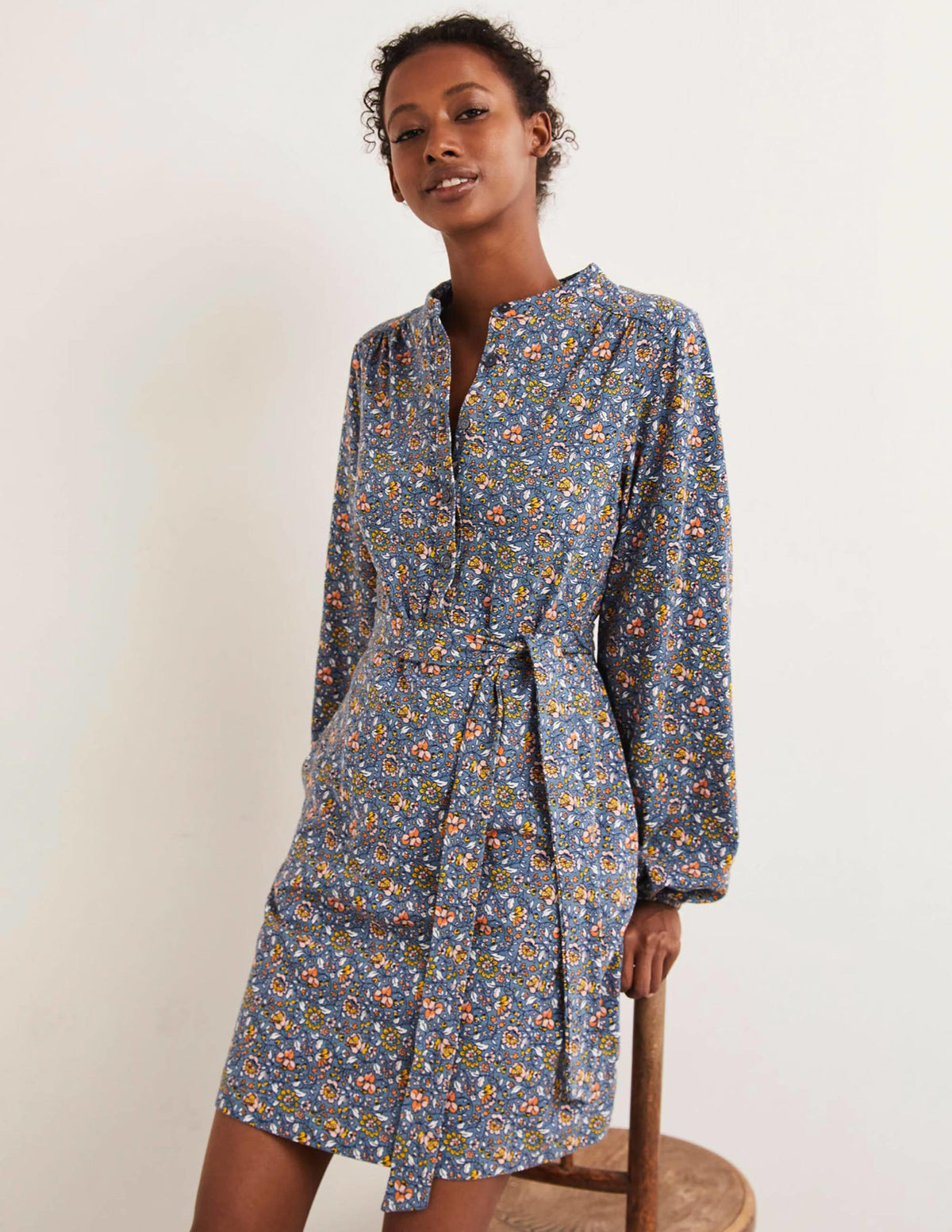 Belted Jersey Shirt Dress-Mid Blue, Botanic Meadow - Image 1