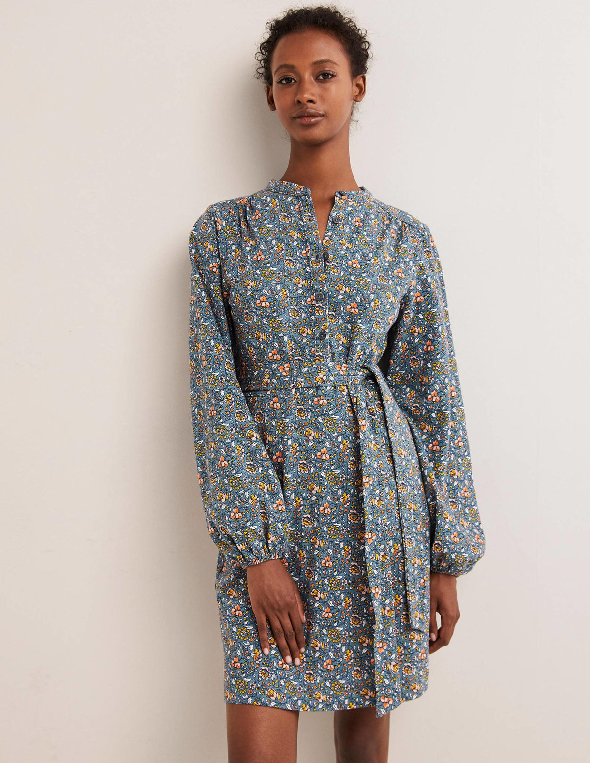 Belted Jersey Shirt Dress-Mid Blue, Botanic Meadow-4