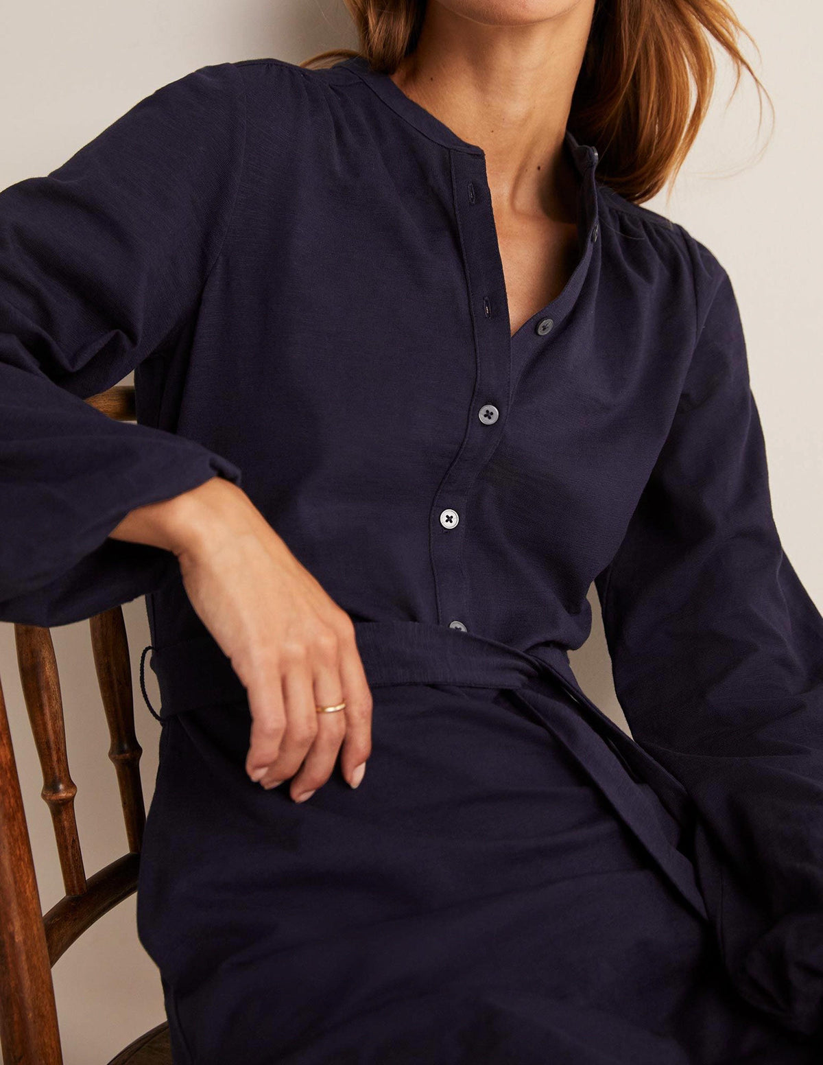 Belted Jersey Shirt Dress-Navy-6