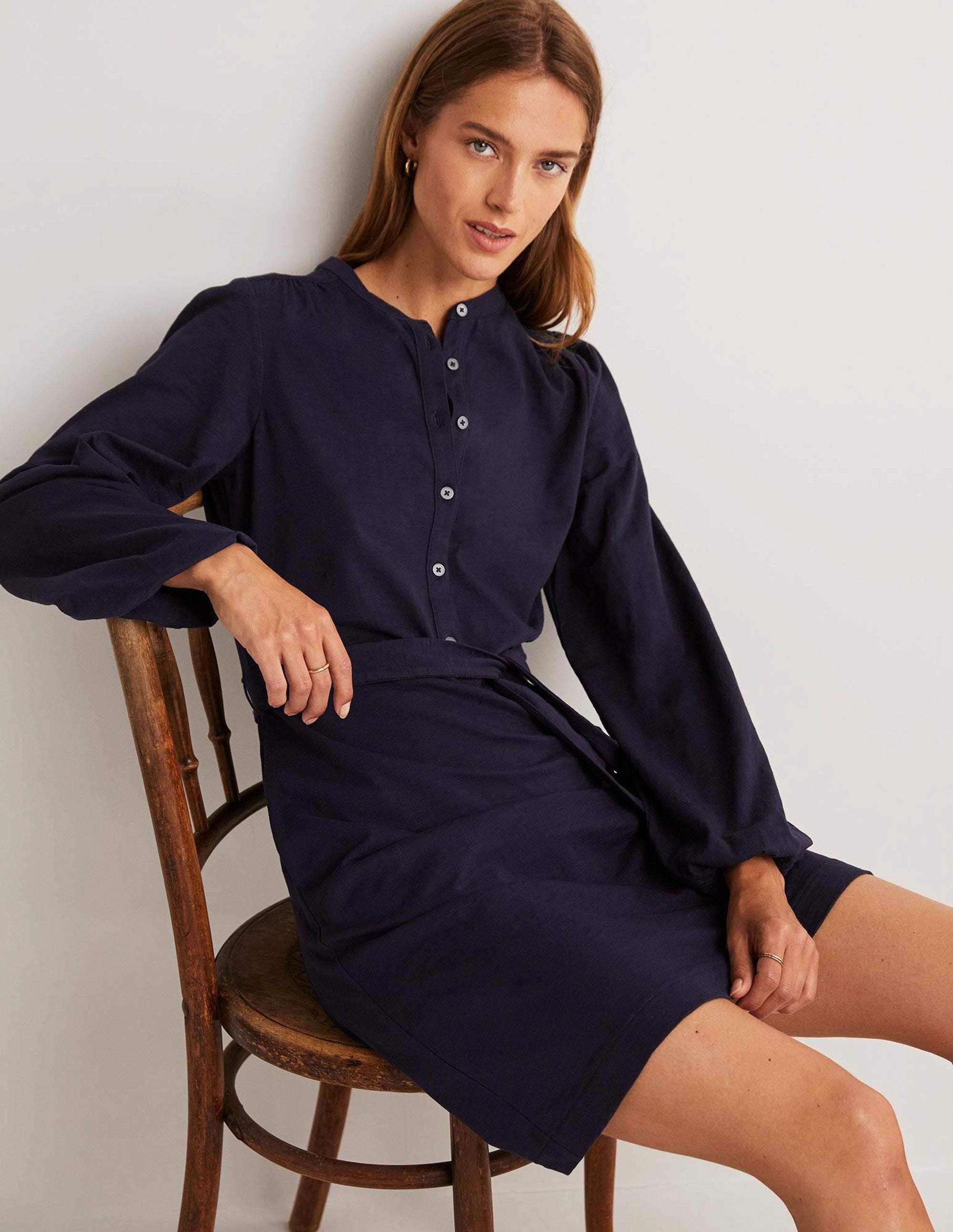 Belted Jersey Shirt Dress-Navy - Image 8