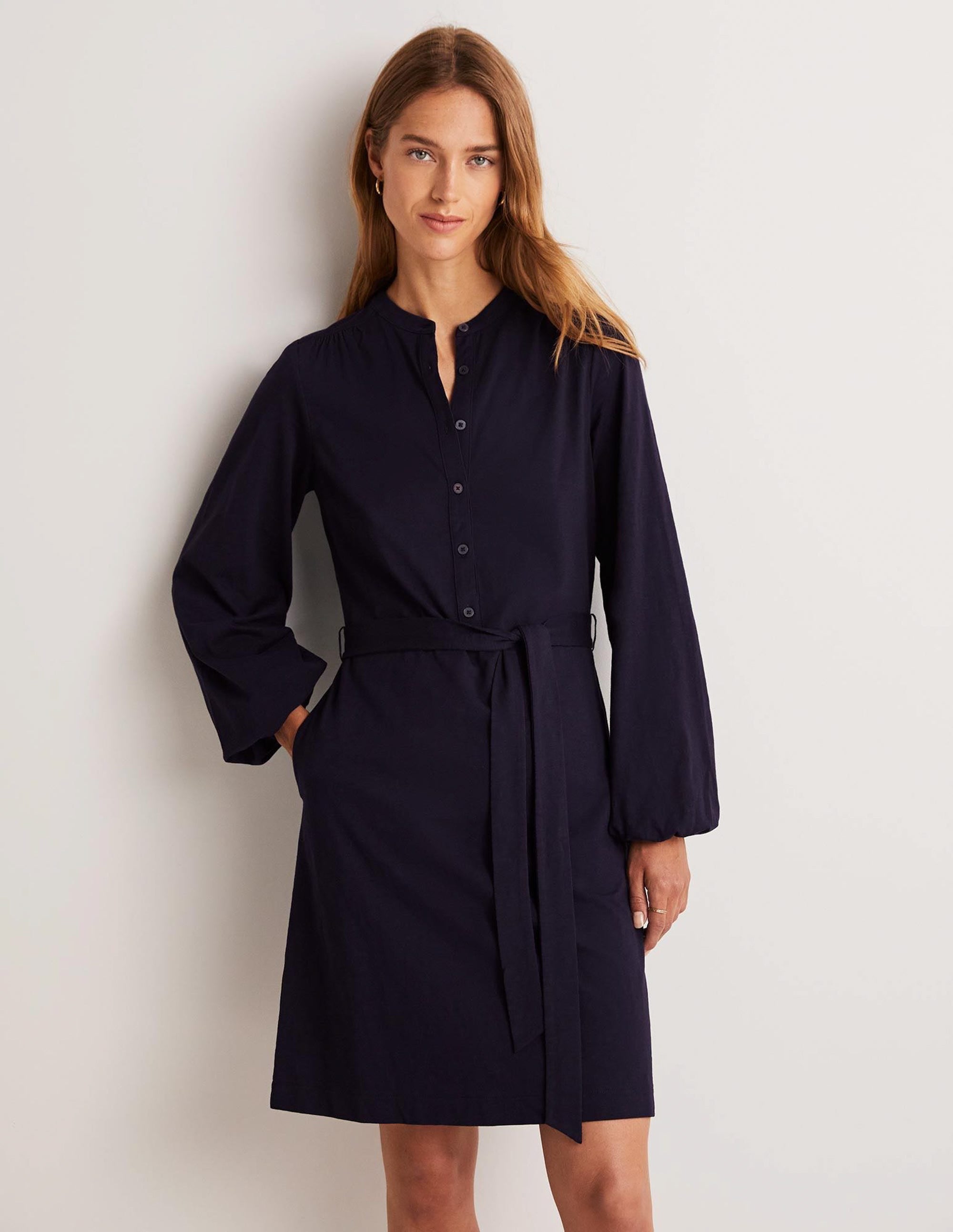 Belted Jersey Shirt Dress-Navy - Image 1
