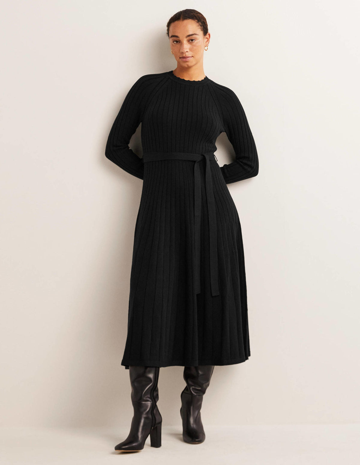 Rib Detail Knitted Midi Dress-Black-1