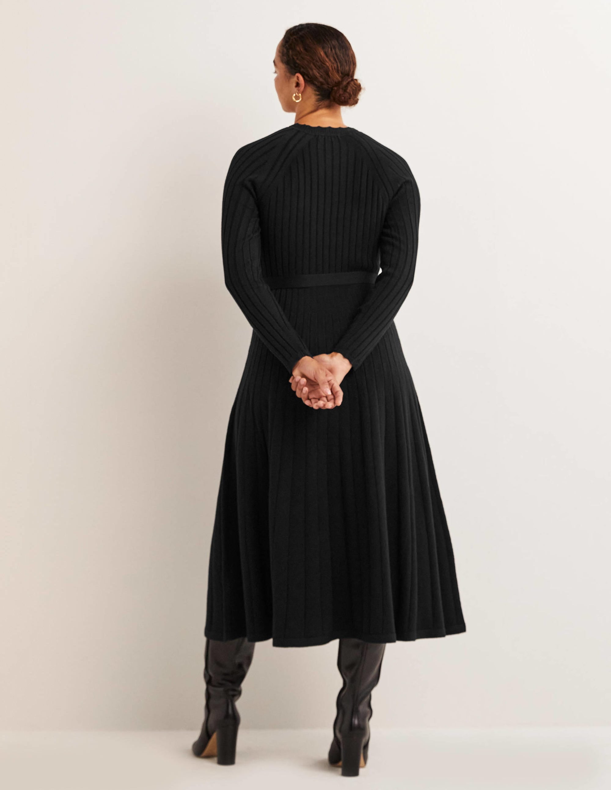 Rib Detail Knitted Midi Dress-Black - Image 3
