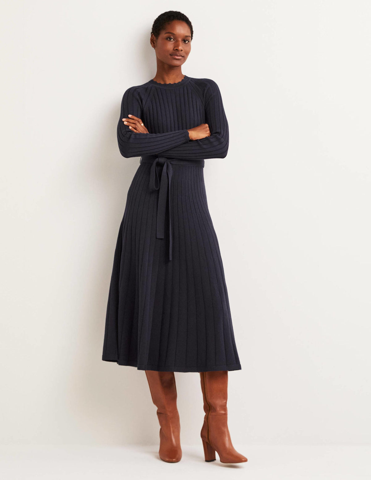 Rib Detail Knitted Midi Dress-Navy-1