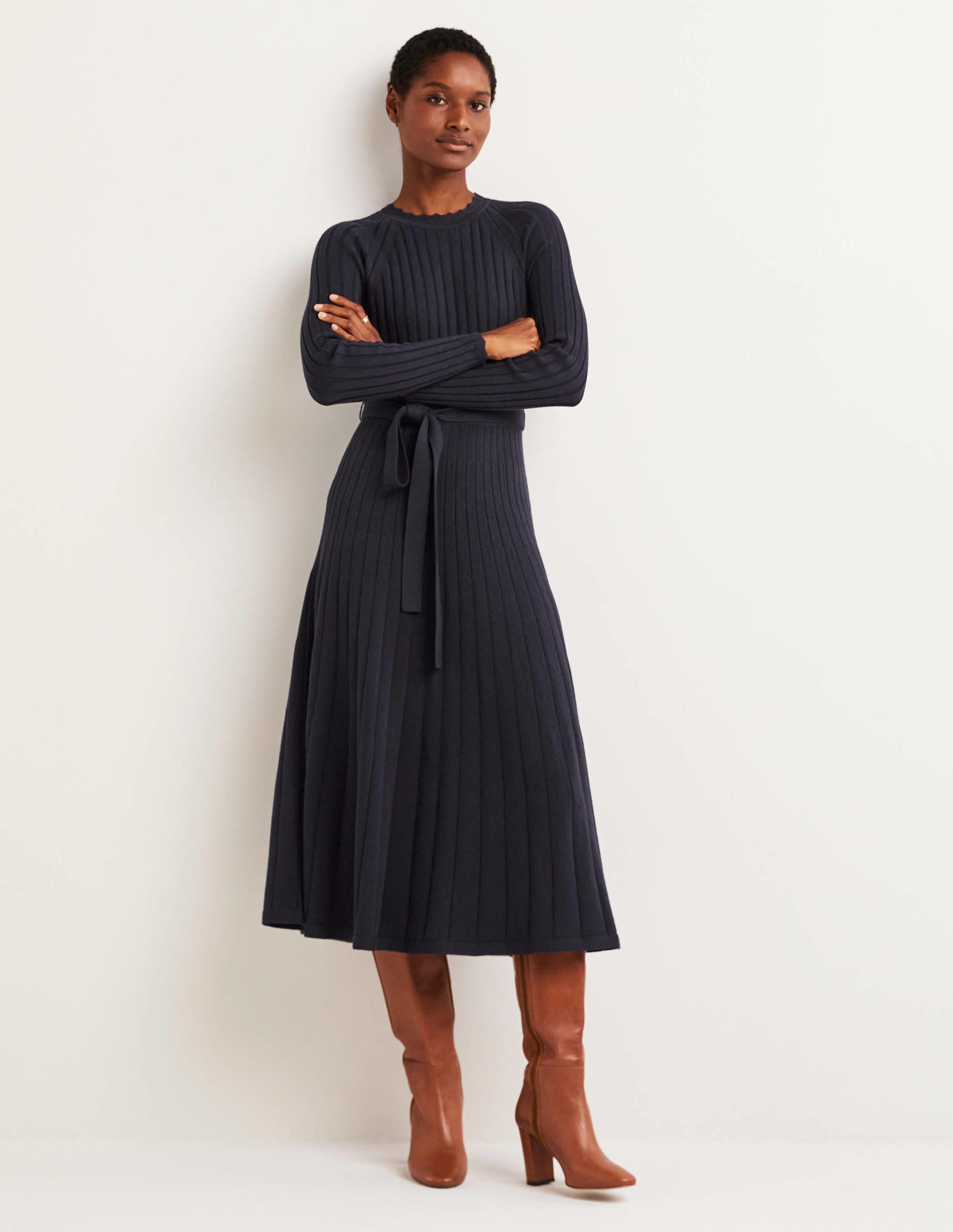Rib Detail Knitted Midi Dress-Navy - Image 1