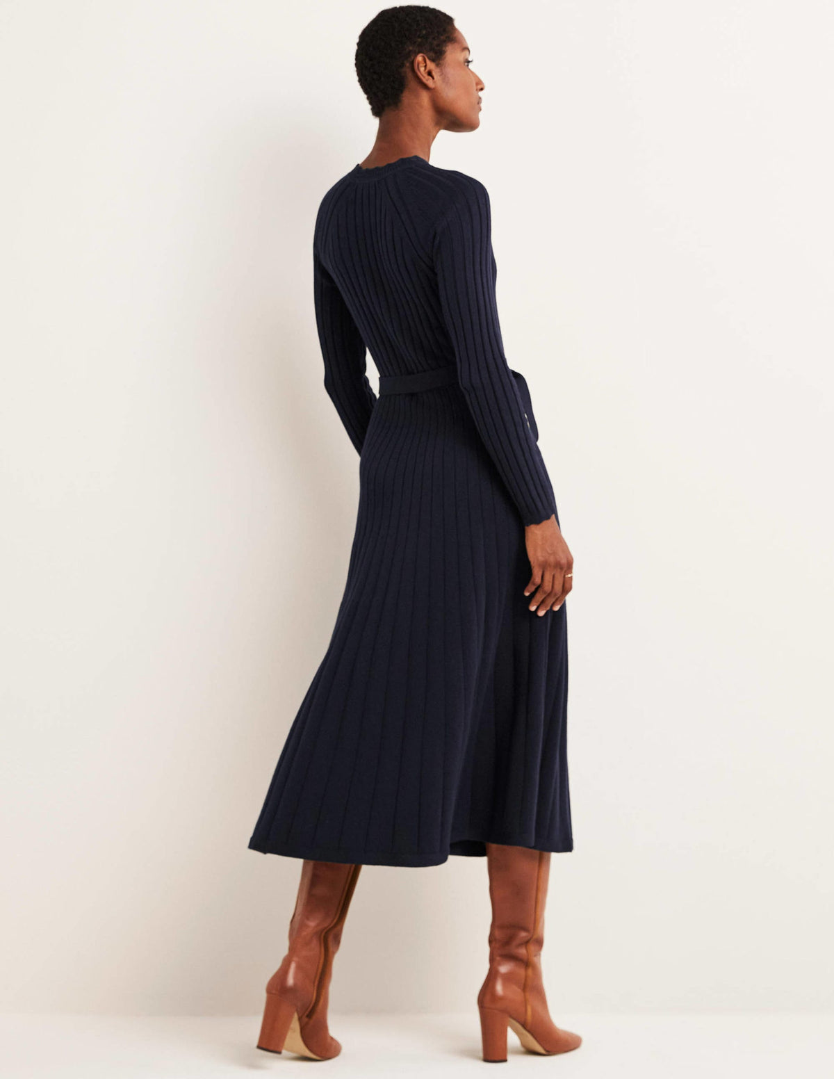 Rib Detail Knitted Midi Dress-Navy-3