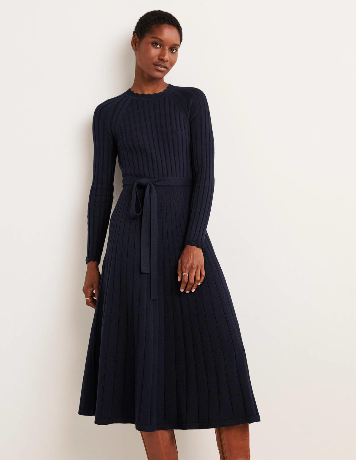 Rib Detail Knitted Midi Dress-Navy - Image 4