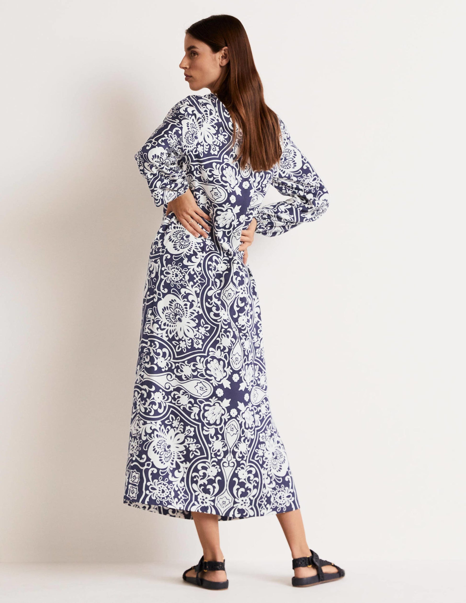 Long Sleeve Column Midi Dress-Navy, Ornate Garden-8