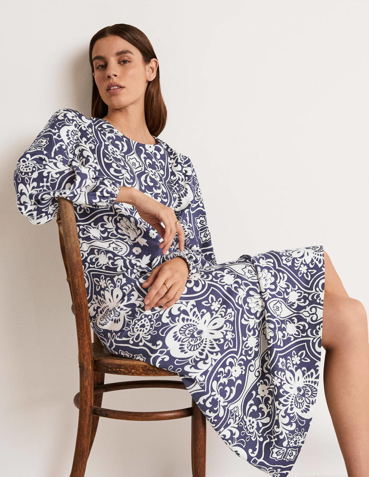 Long Sleeve Column Midi Dress-Navy, Ornate Garden - Image 9