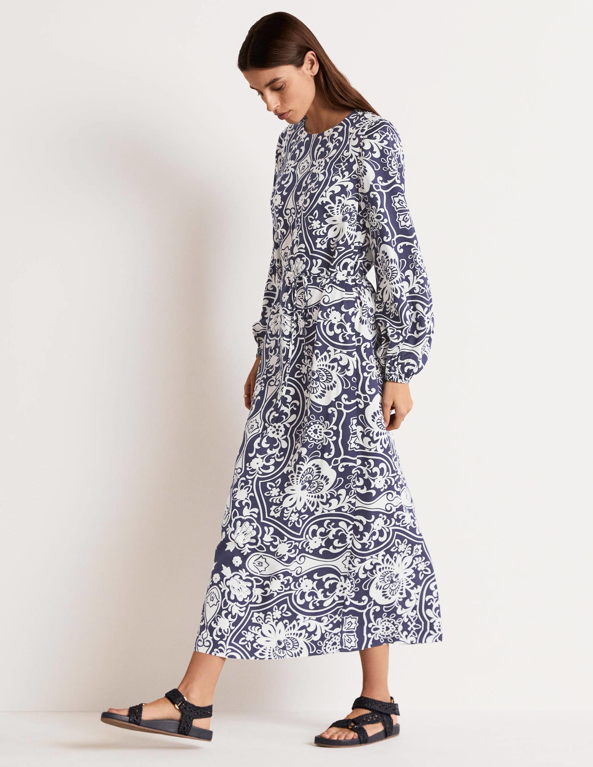 Long Sleeve Column Midi Dress-Navy, Ornate Garden - Image 10