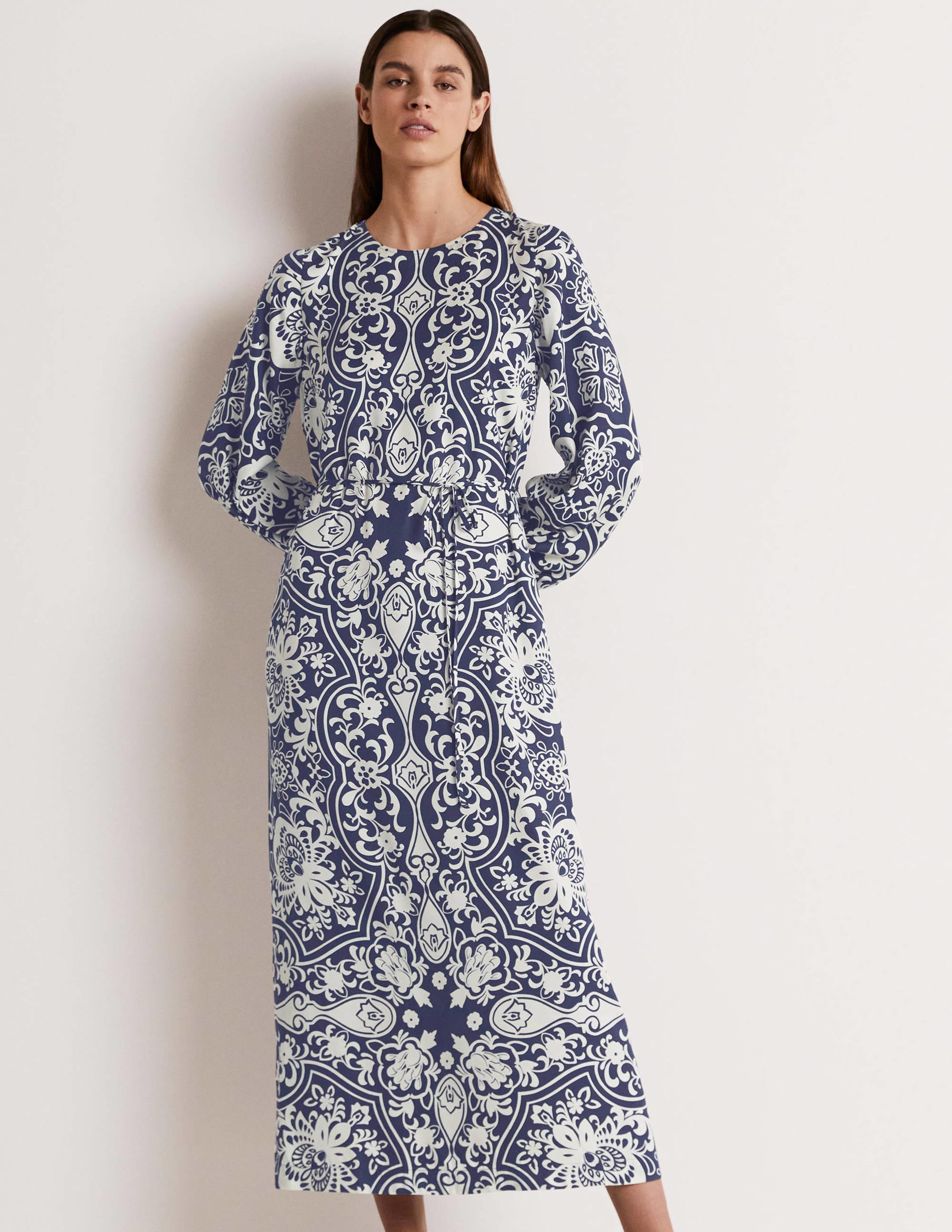 Long Sleeve Column Midi Dress-Navy, Ornate Garden - Image 7