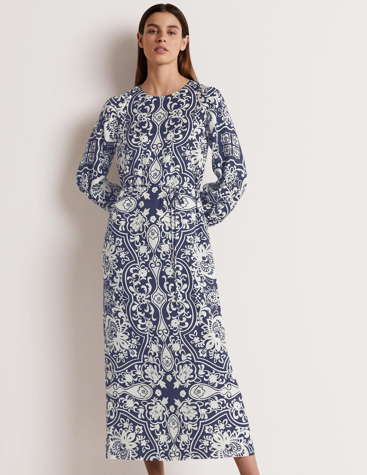 Long Sleeve Column Midi Dress-Navy, Ornate Garden-1
