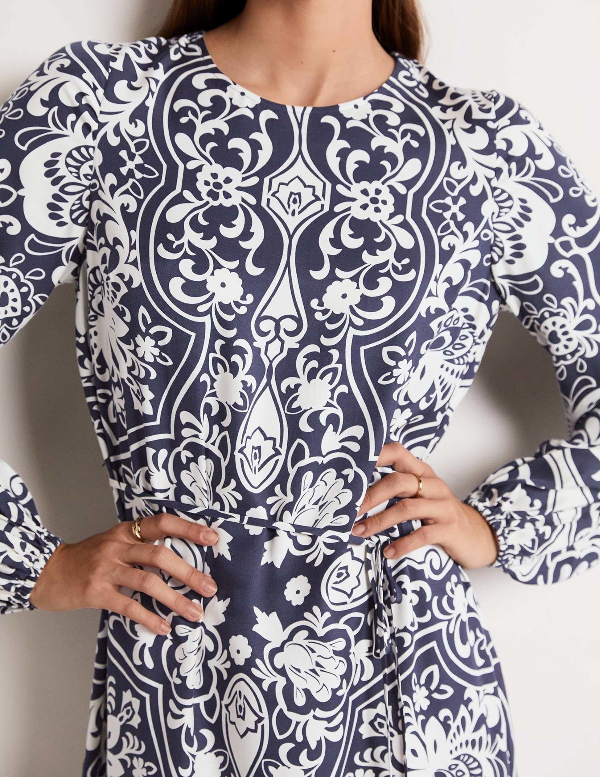 Long Sleeve Column Midi Dress-Navy, Ornate Garden-2