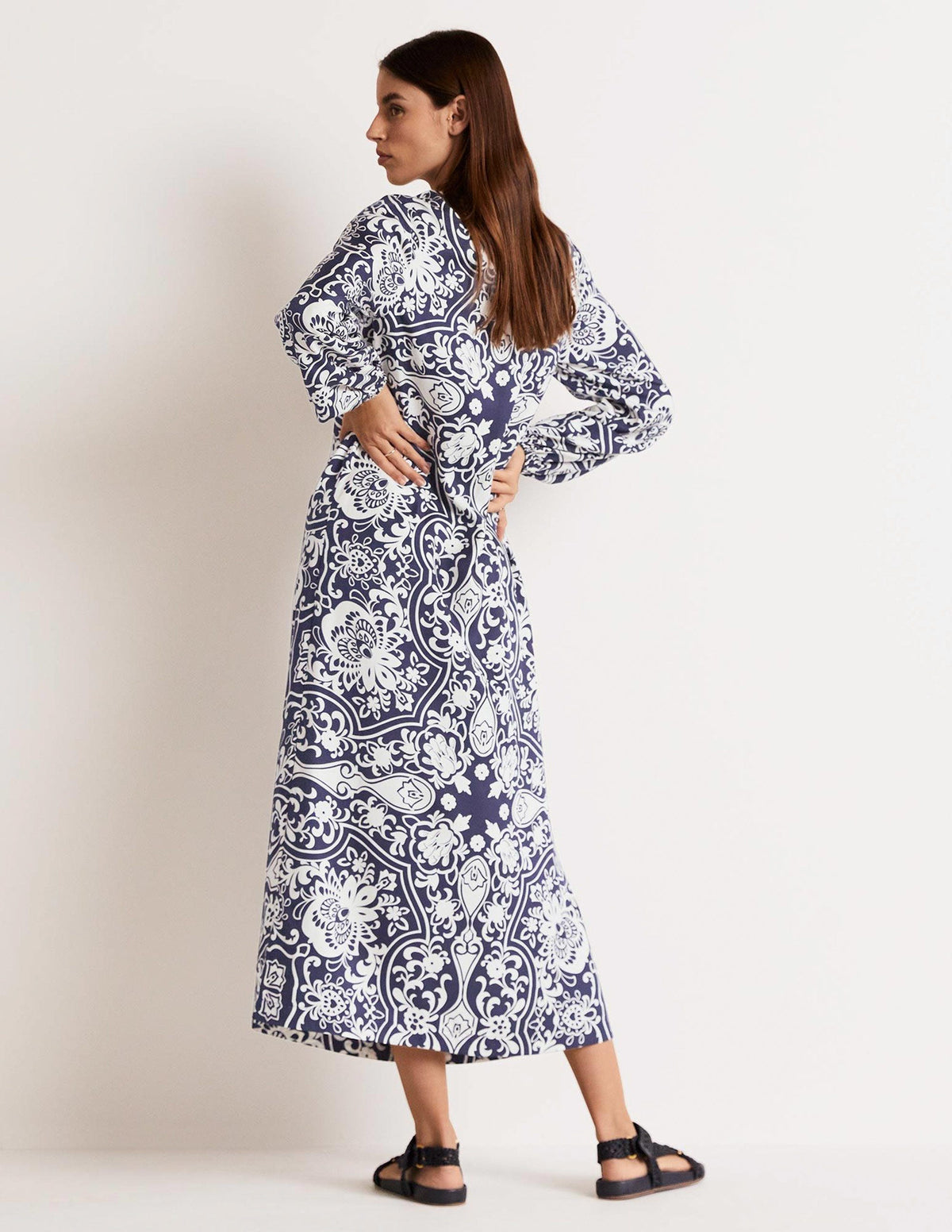 Long Sleeve Column Midi Dress-Navy, Ornate Garden-3