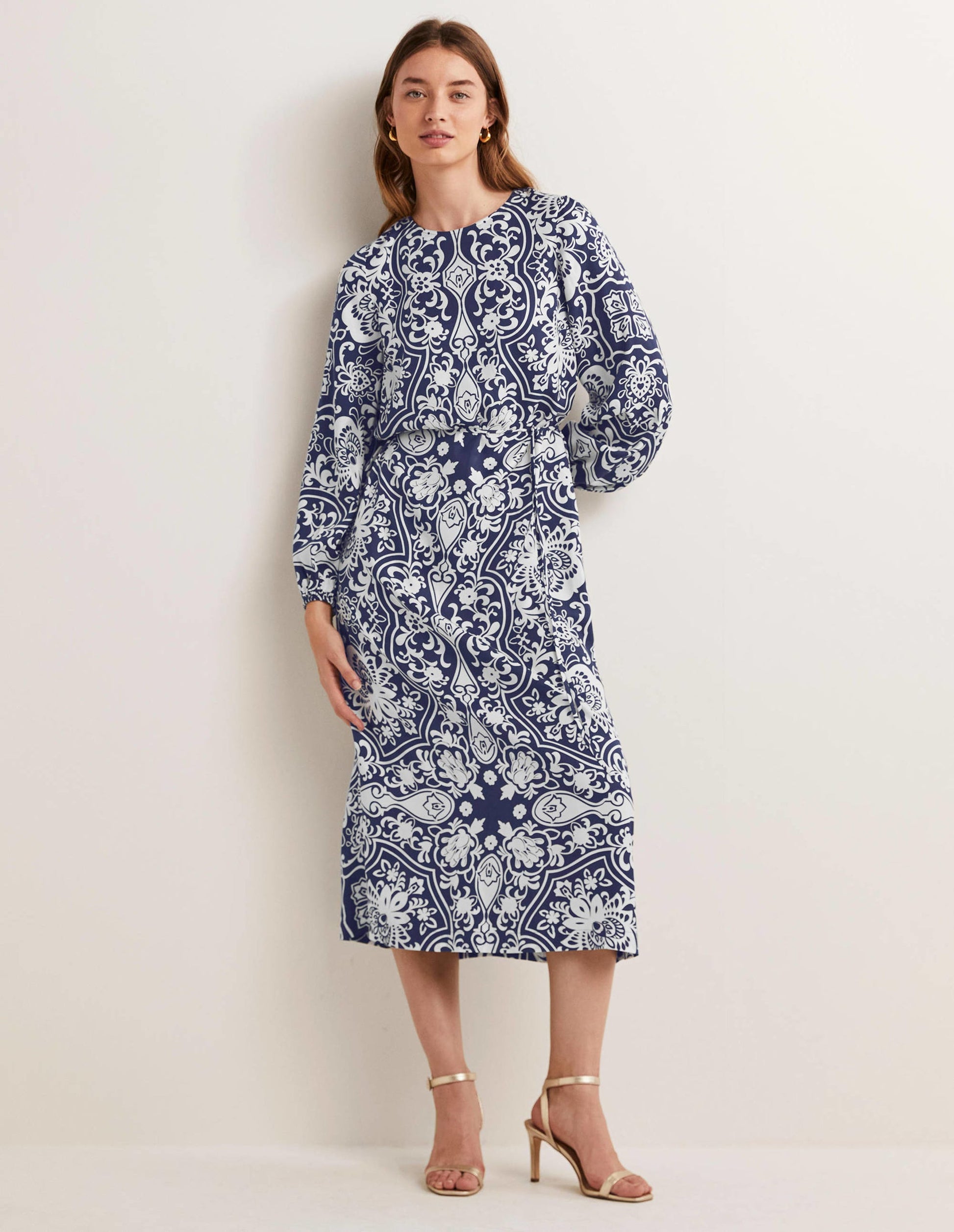 Long Sleeve Column Midi Dress-Navy, Ornate Garden-6