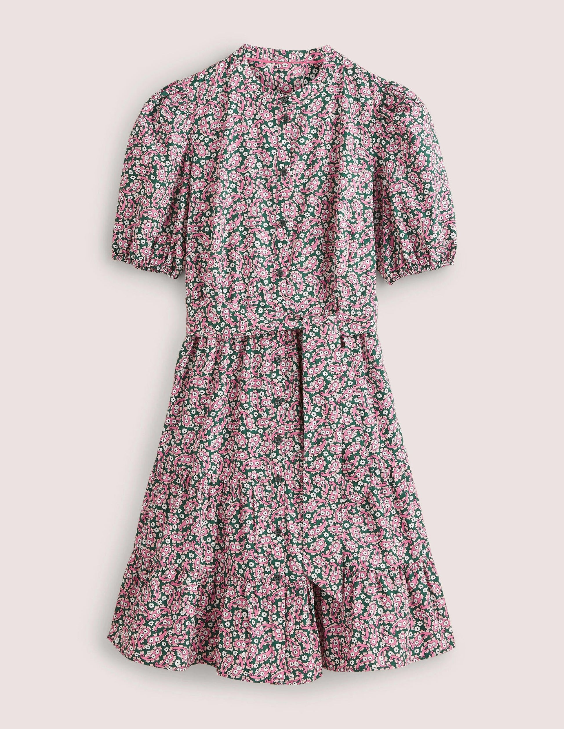 Tiered Shirt Dress-Trekking Green, Petal Paisley-7