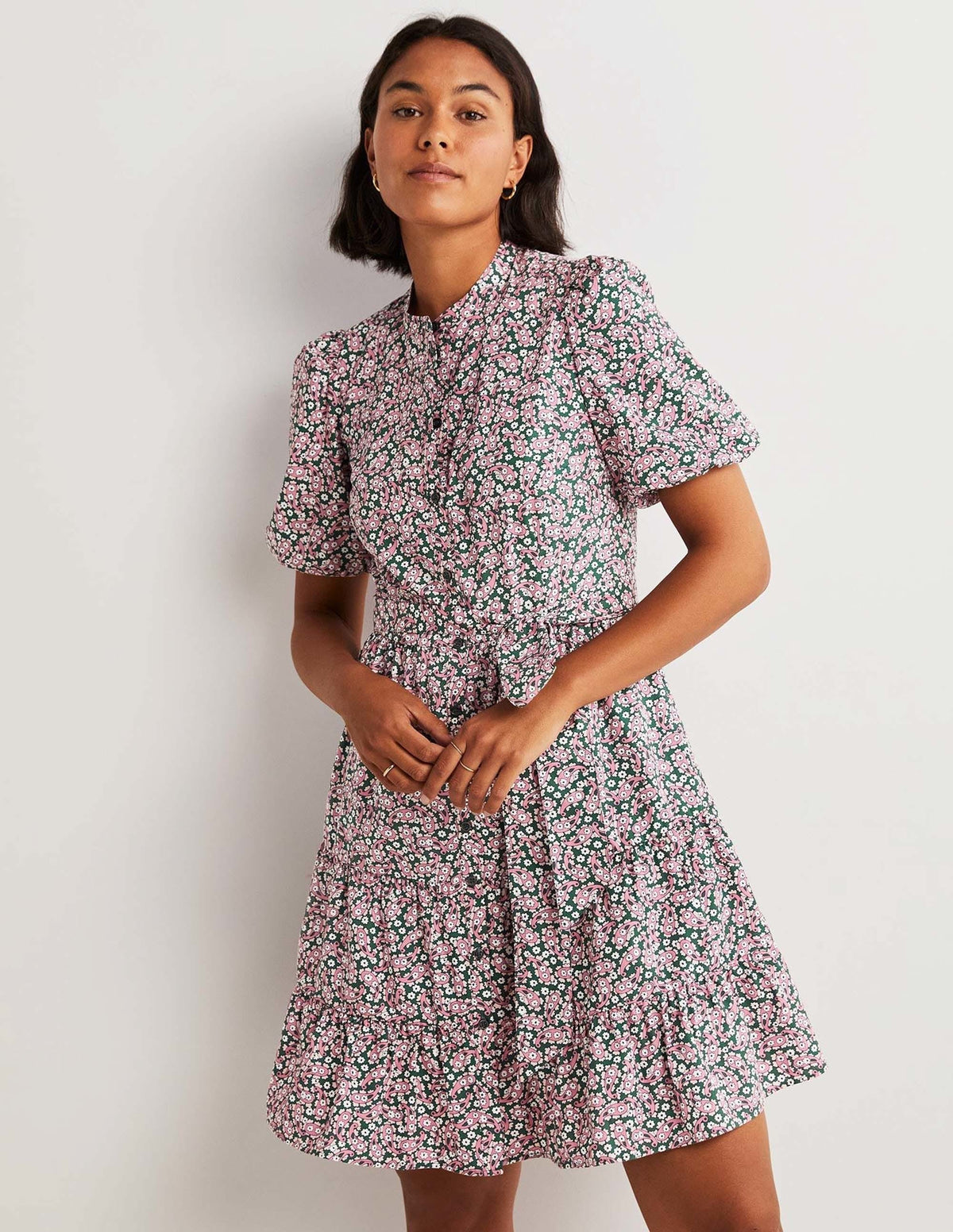 Tiered Shirt Dress-Trekking Green, Petal Paisley-1