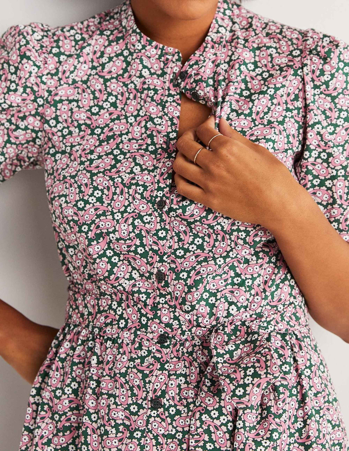 Tiered Shirt Dress-Trekking Green, Petal Paisley-2
