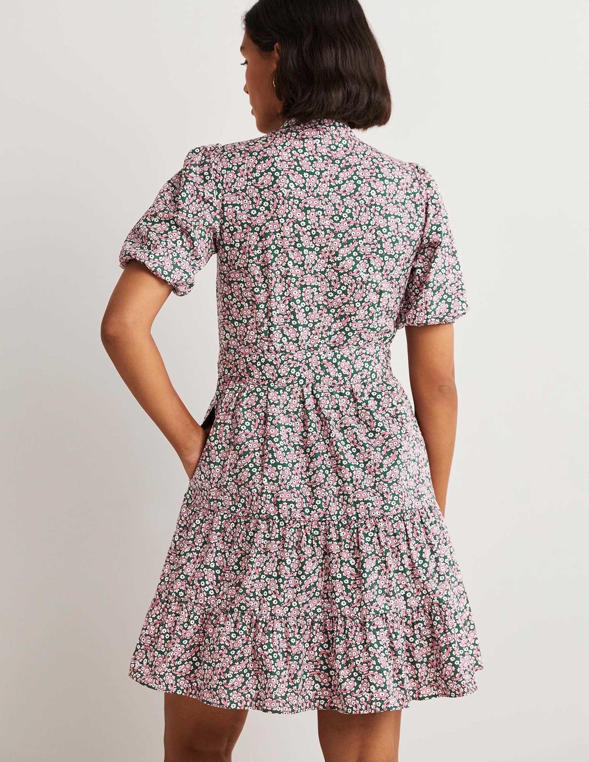 Tiered Shirt Dress-Trekking Green, Petal Paisley-3